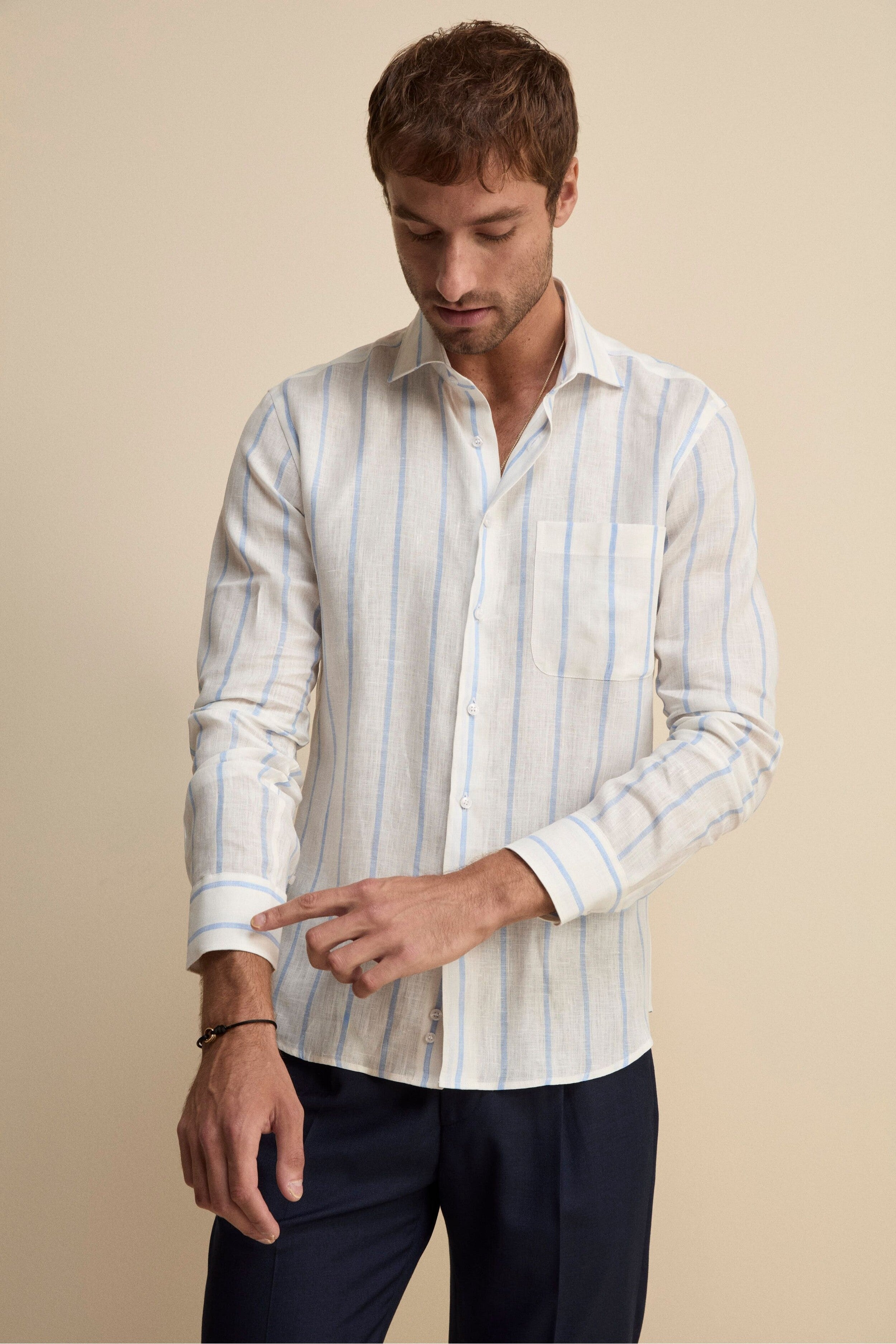Camicia Lino Collo Francese con Taschino - RIGATO BIANCO/AZZURRO