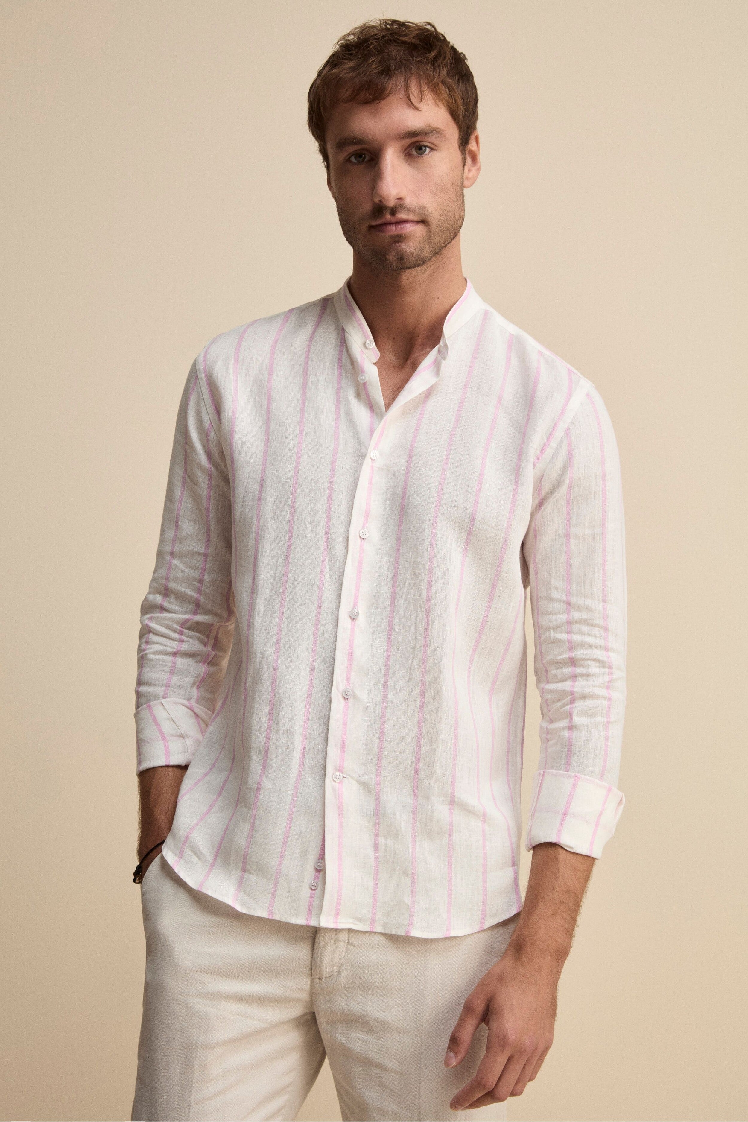 Camicia Lino Coreana Custom Fit - RIGATO BIANCO/ROSA