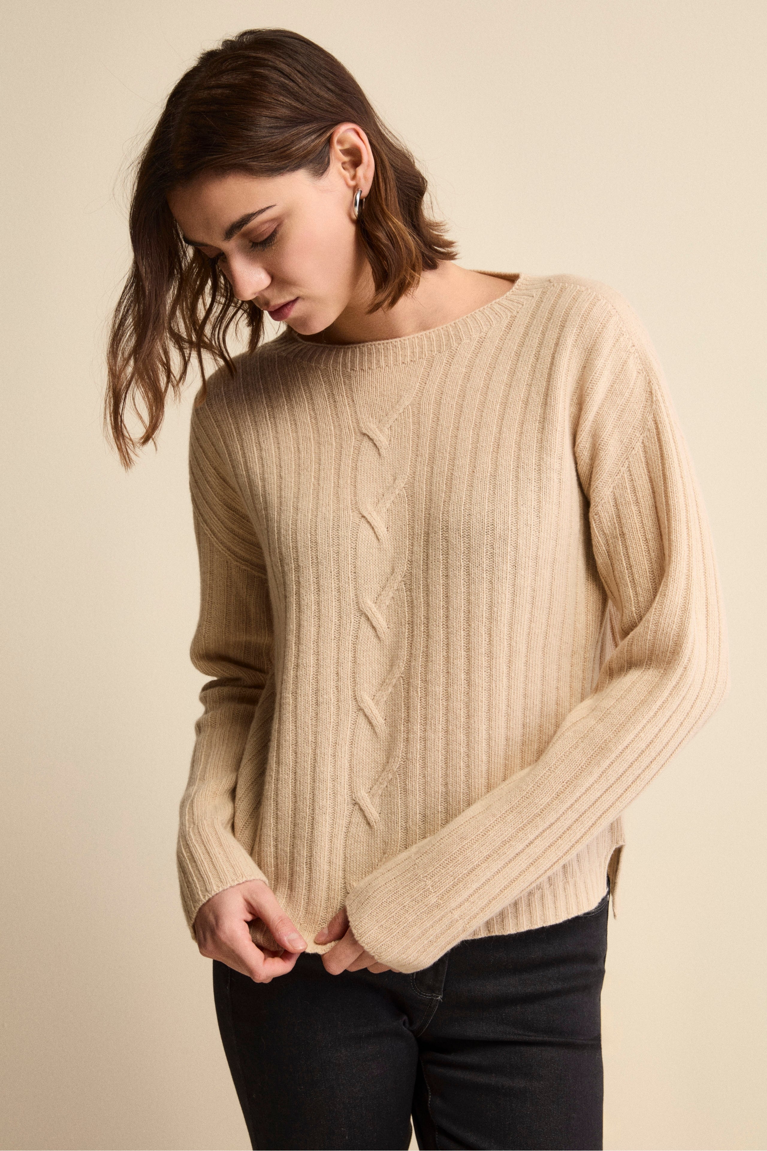 Boat-Neck Sweater in Wool and Cashmere - BEIGE