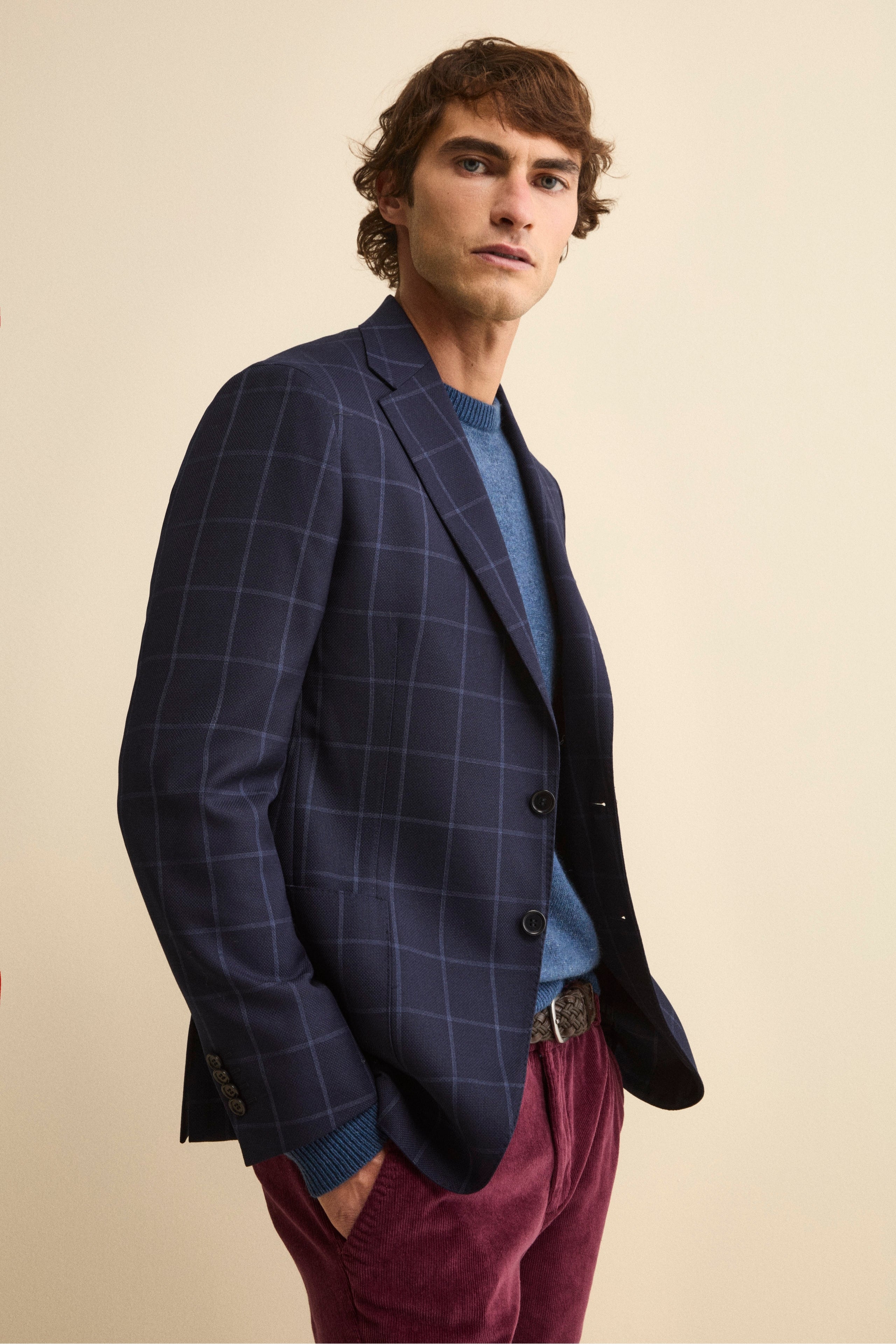 Unlined Single-Breasted Blazer in Virgin Wool - Blue check
