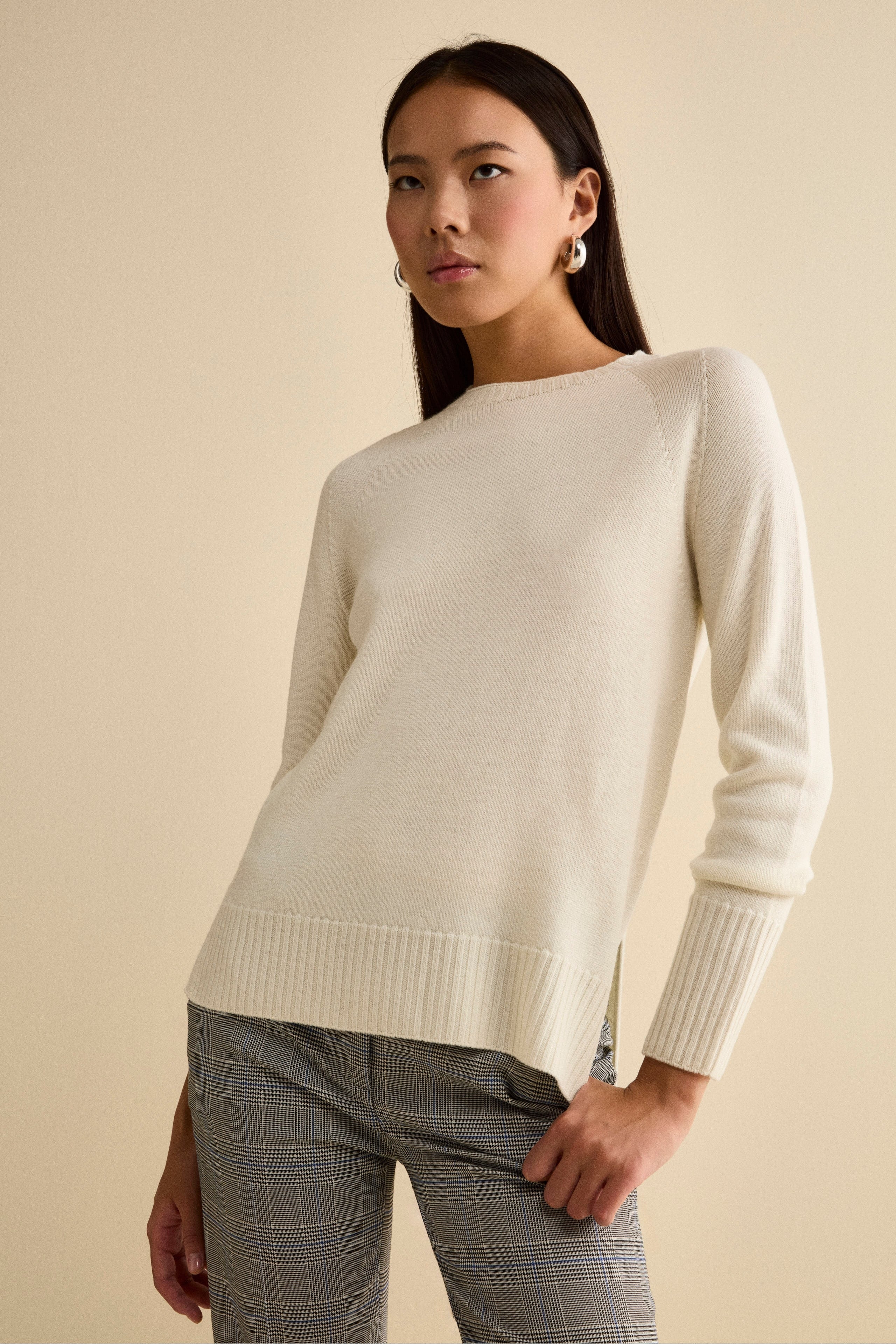 Merino Wool Crewneck with Ribbed Hem - ECRU