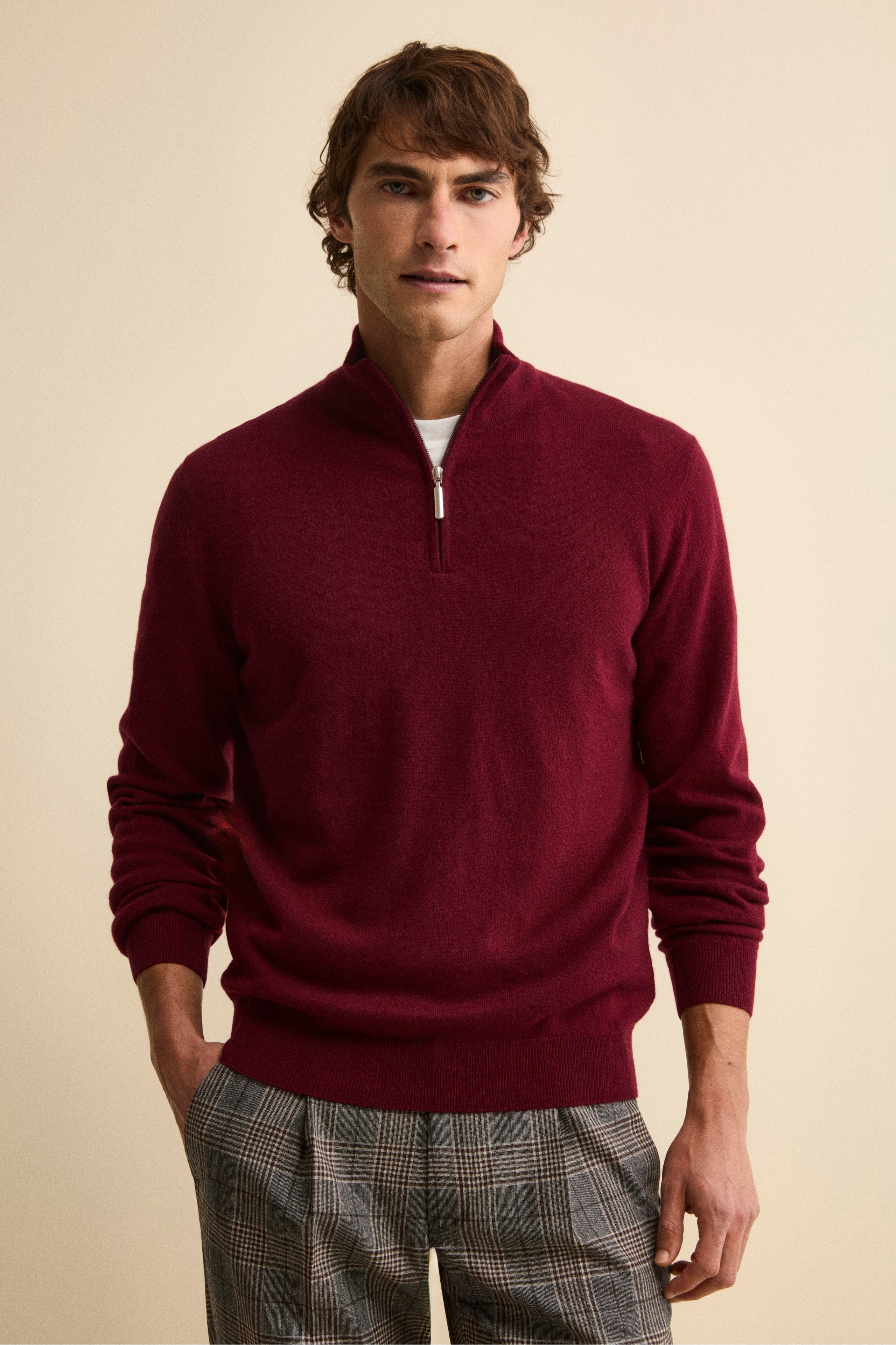 Turtleneck with Zip in Wool and Cashmere - Burgundy