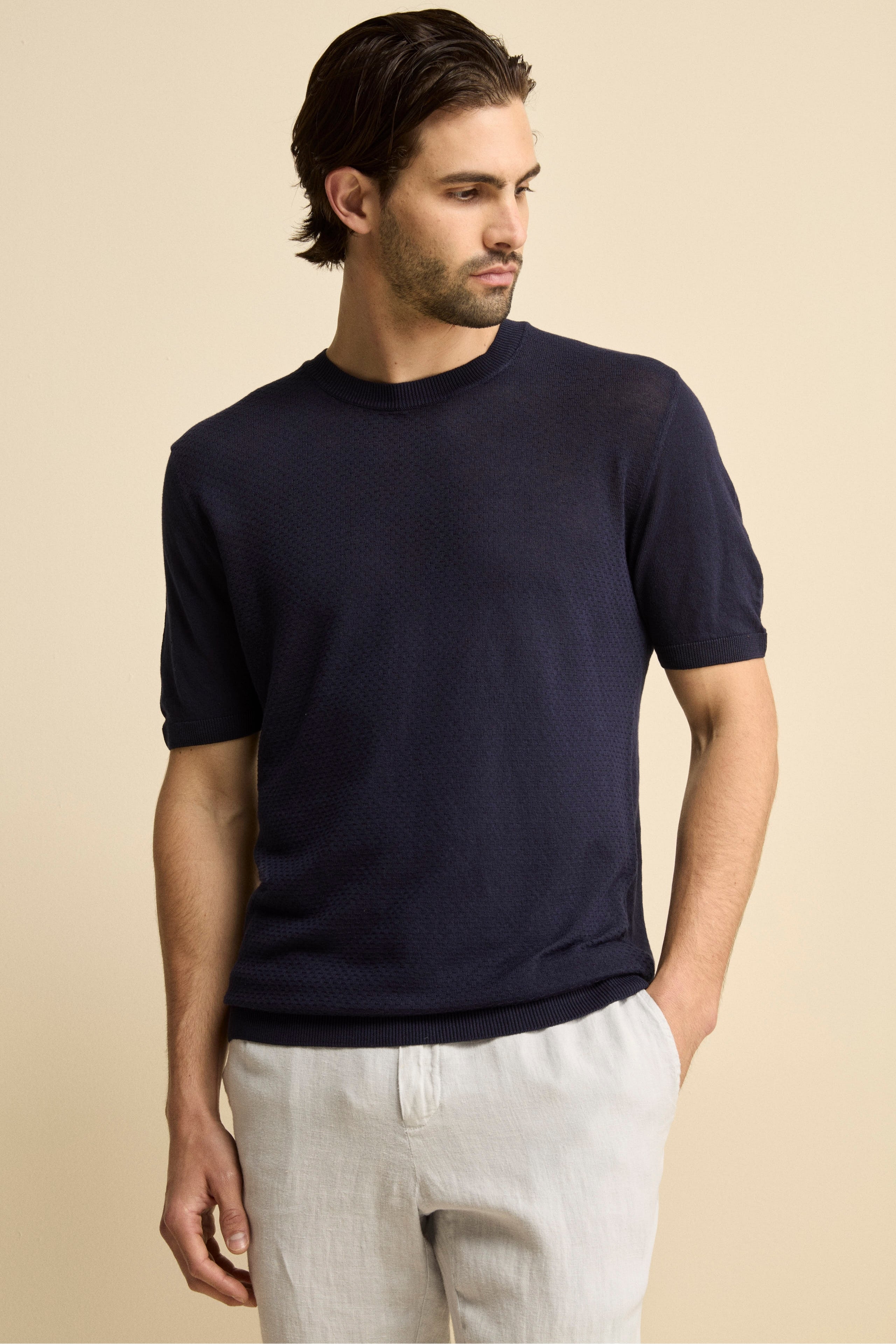 T-Shirt Girocollo in Misto Lino - NAVY