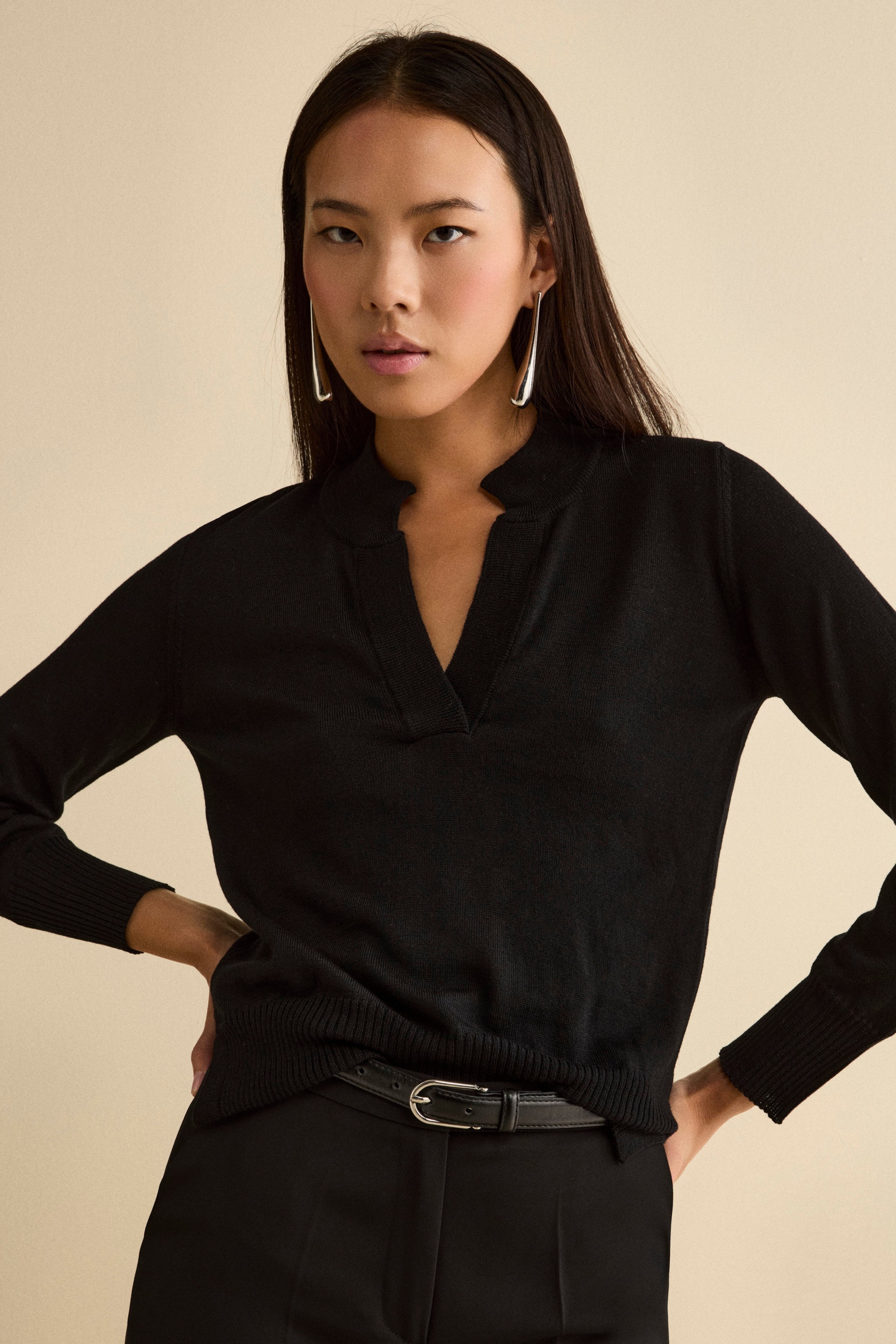 Merino Wool Henley Sweater - BLACK