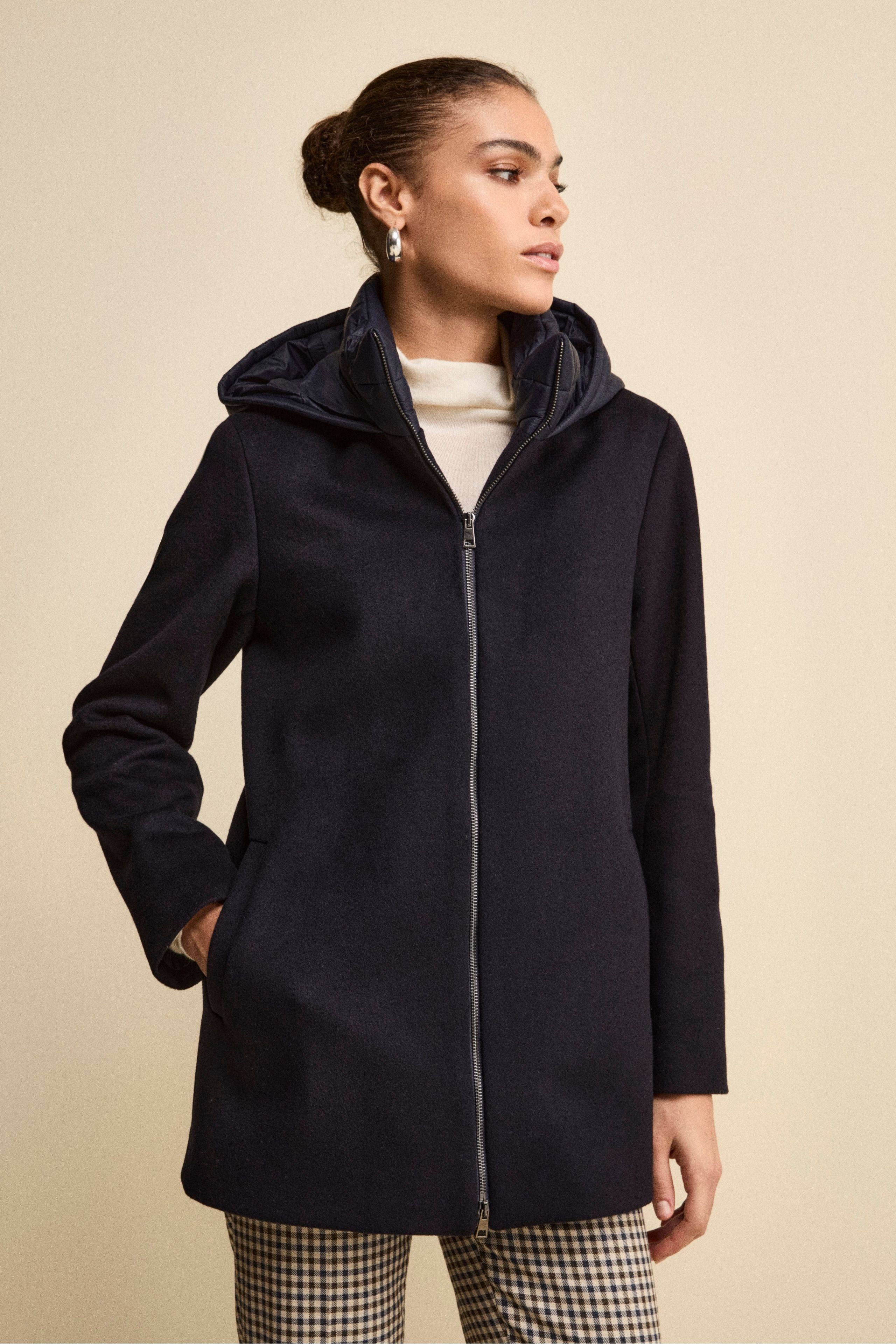 Midi Coat in Wool and Cashmere with Zip and Hood - BLUE