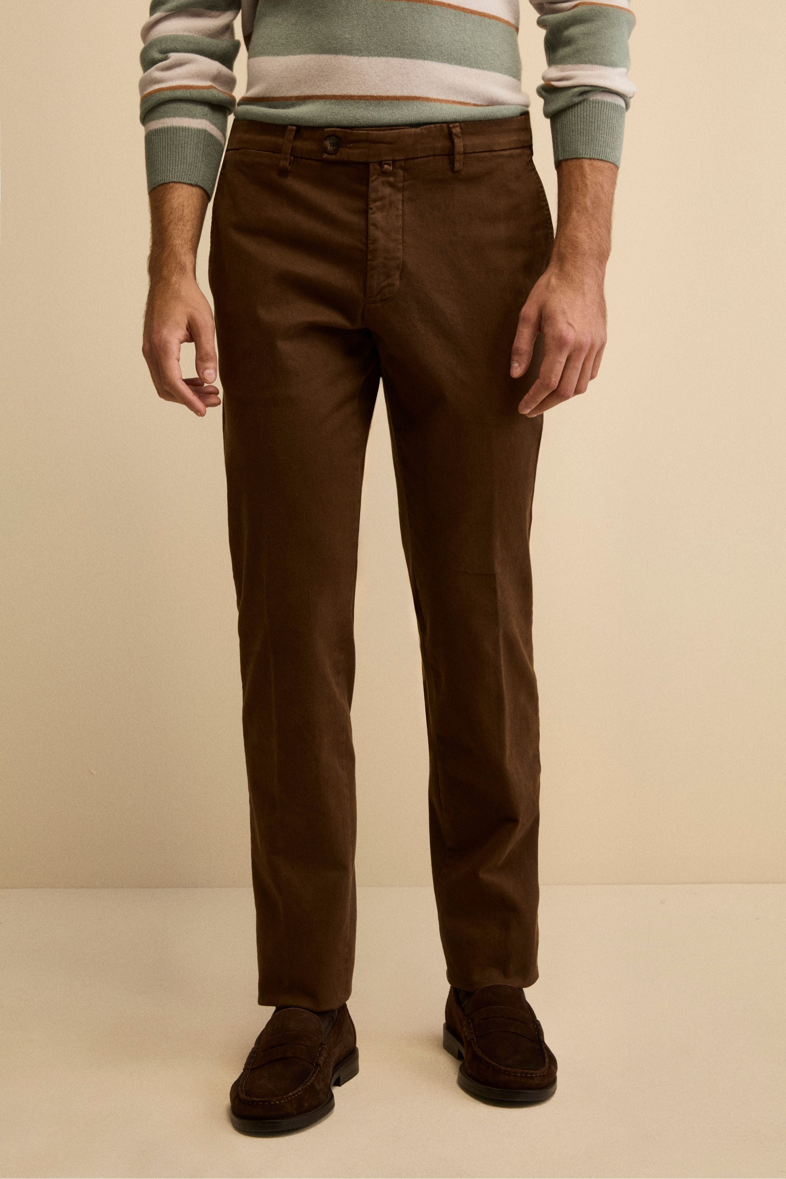 Regular Fit Stretch Cotton Trousers - Cacao brown