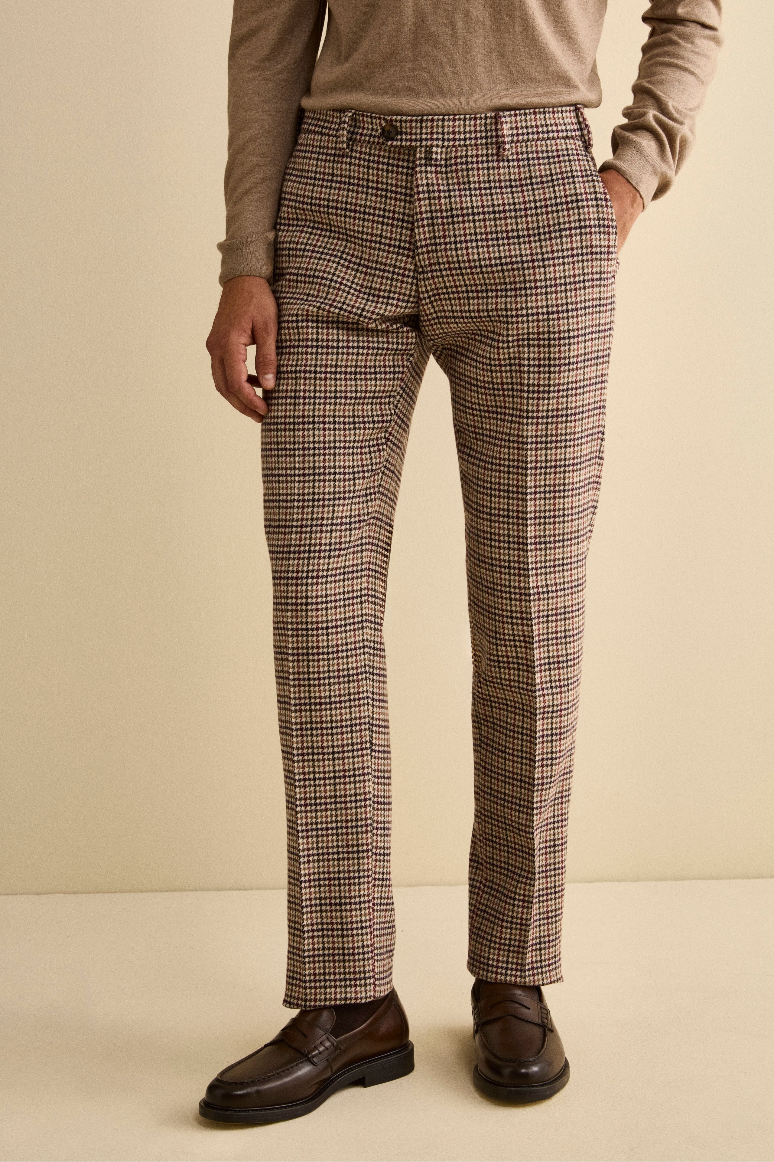 Wool-Blend Slim Fit Patterned Trousers - BEIGE HOUNDSTOOTH