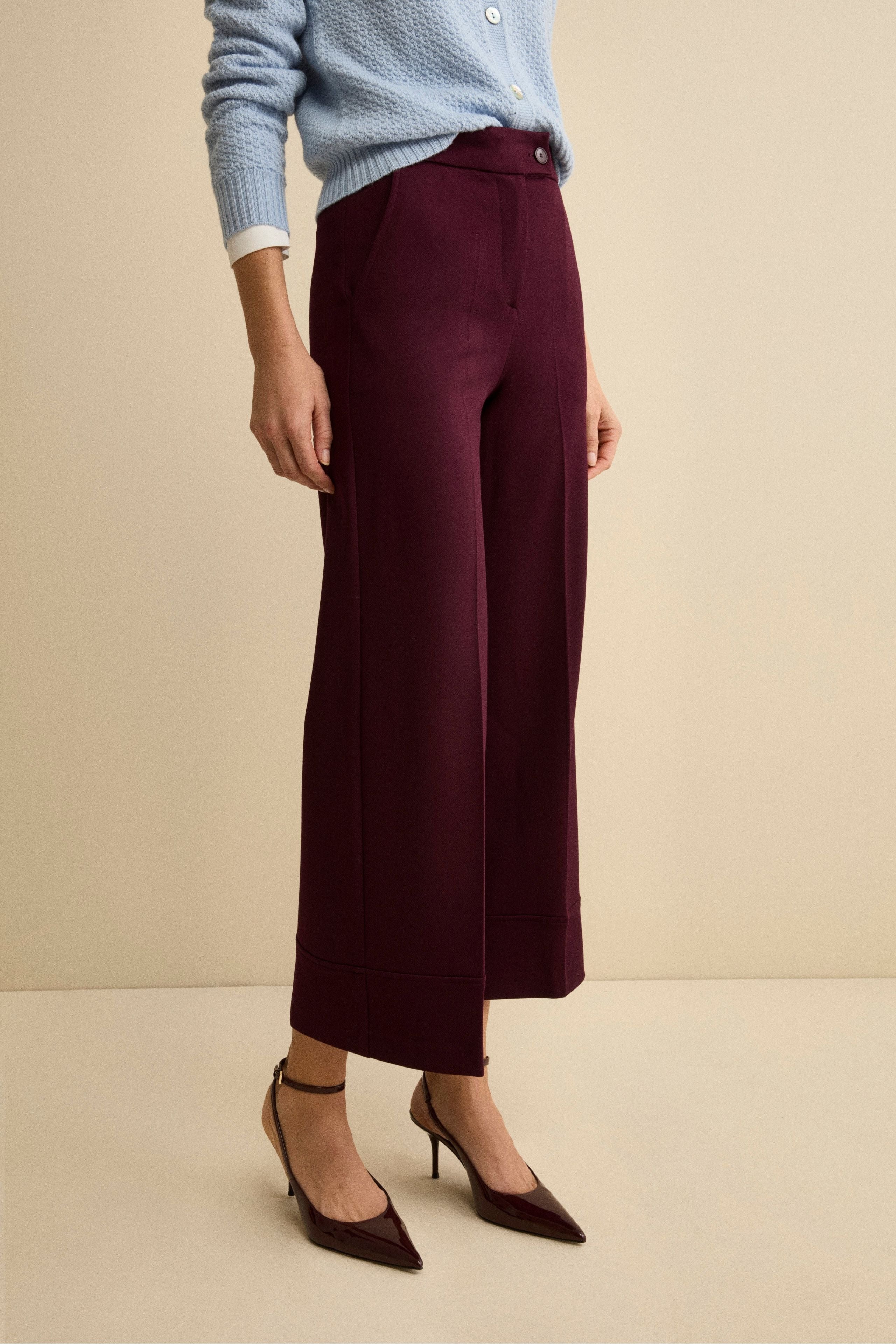 Wide-Leg Cuffed Pleated Trousers - Wine red