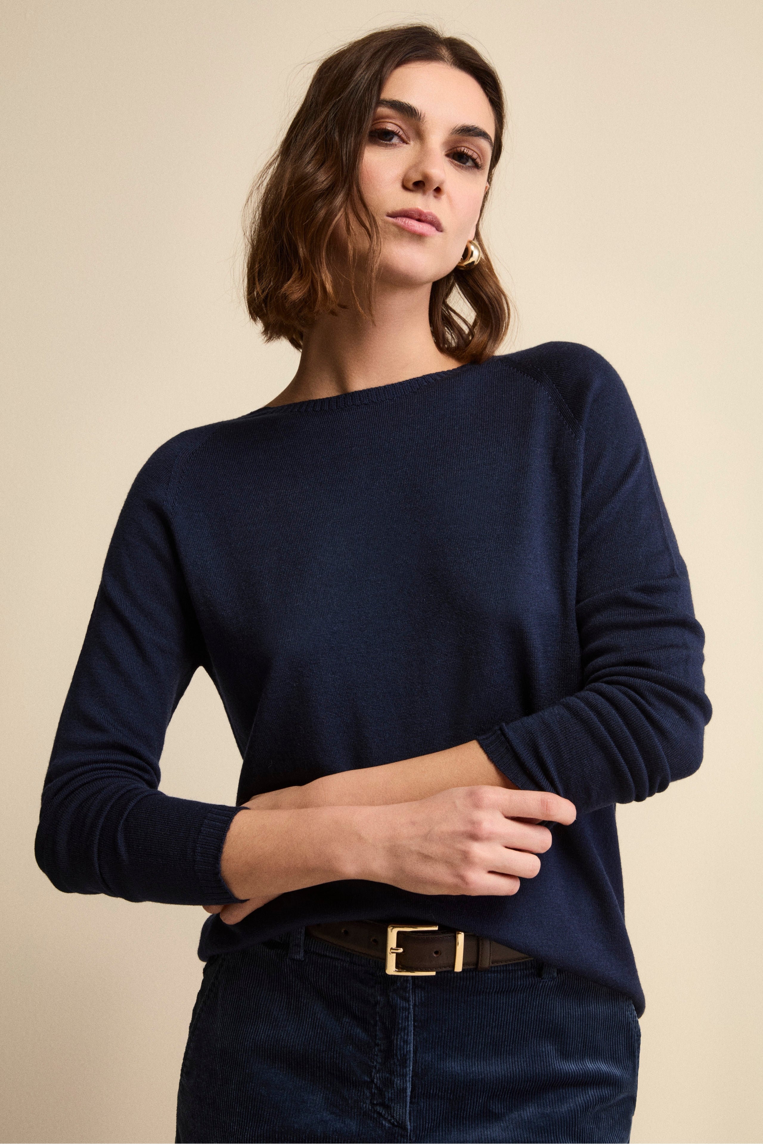 Merino Wool Crewneck with Ribbed Edges - Navy blue