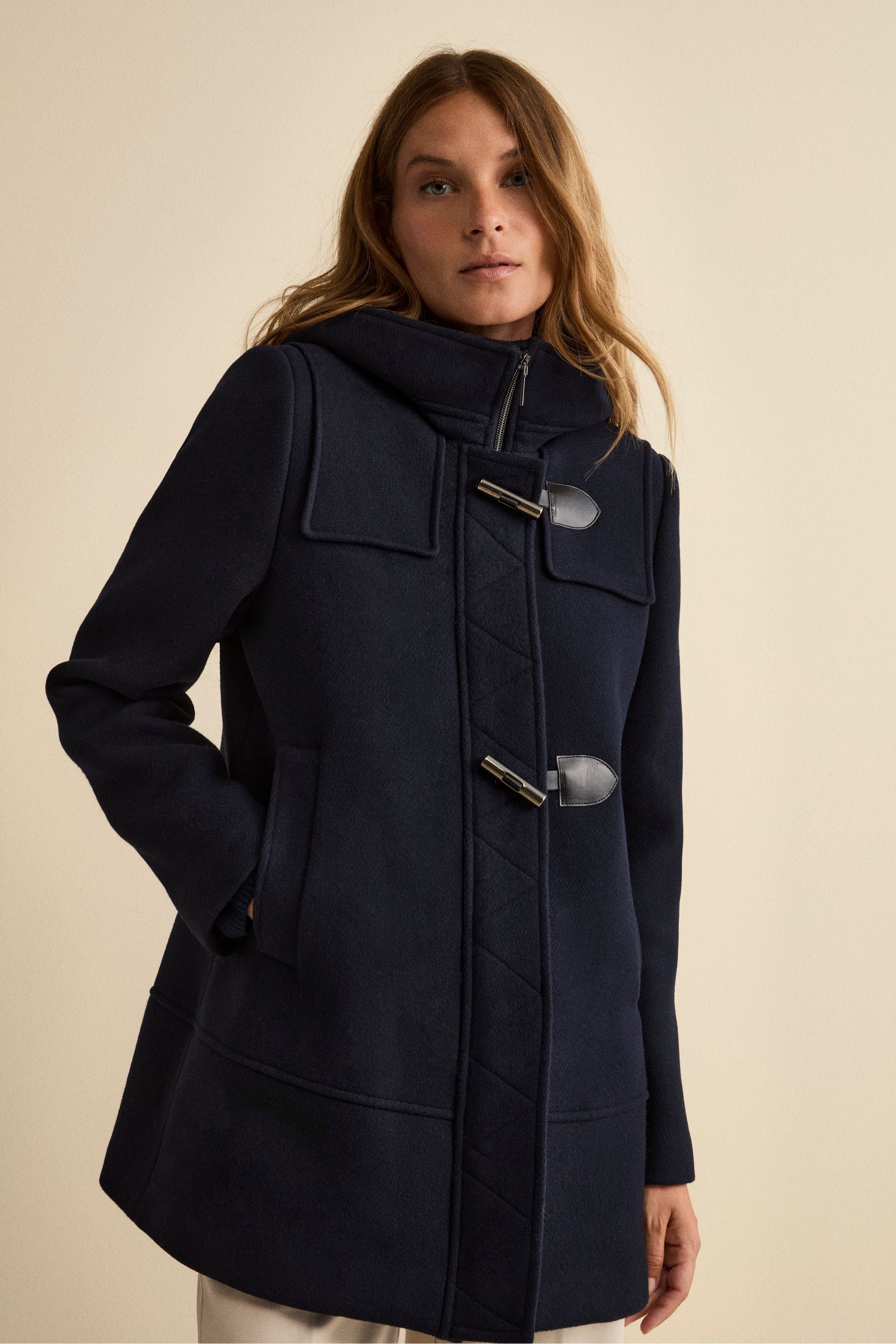Wool Blend Duffle Coat with Hood - BLUE