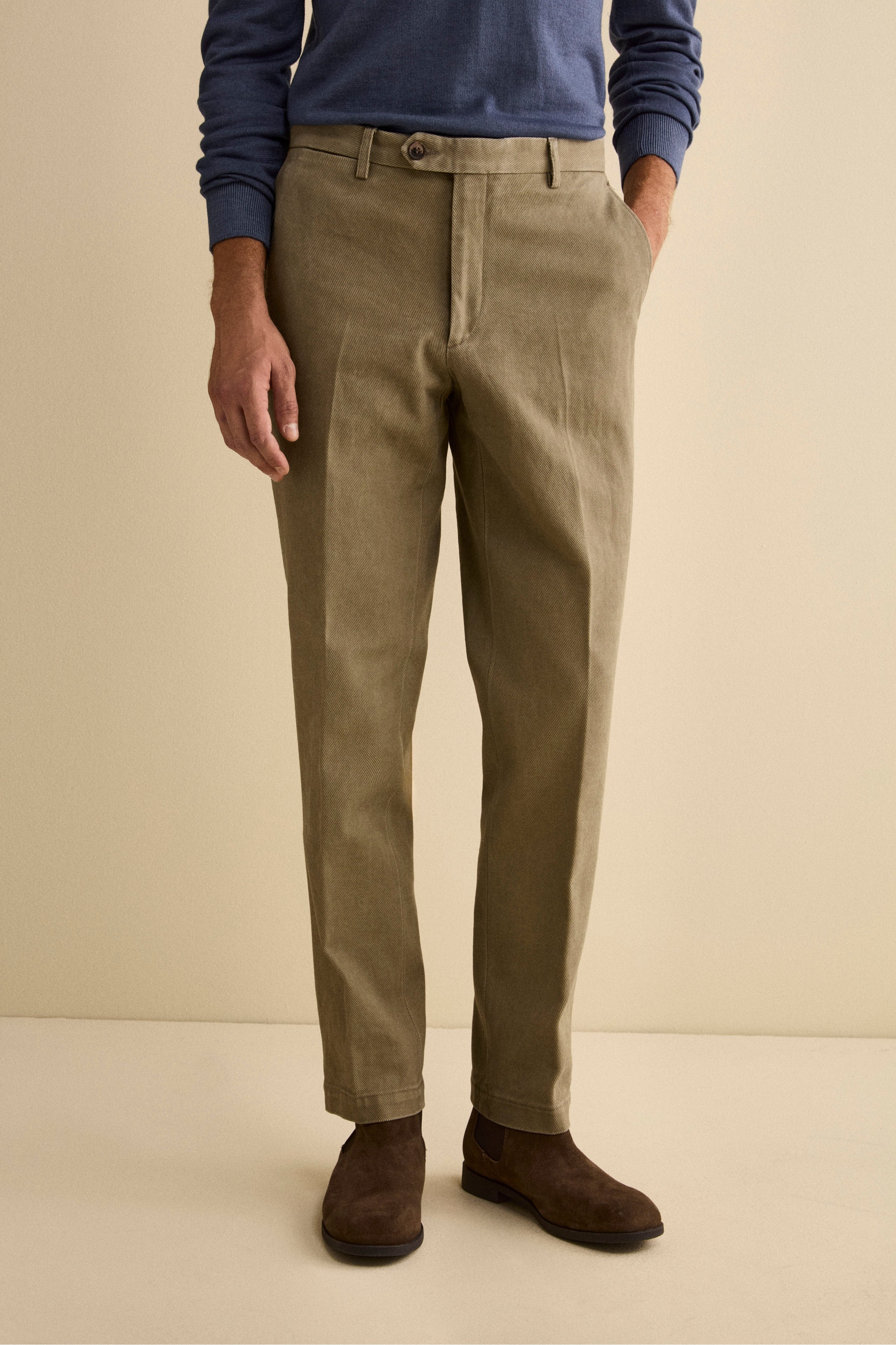 Cotton Slim Fit Pleated Trousers - BEIGE
