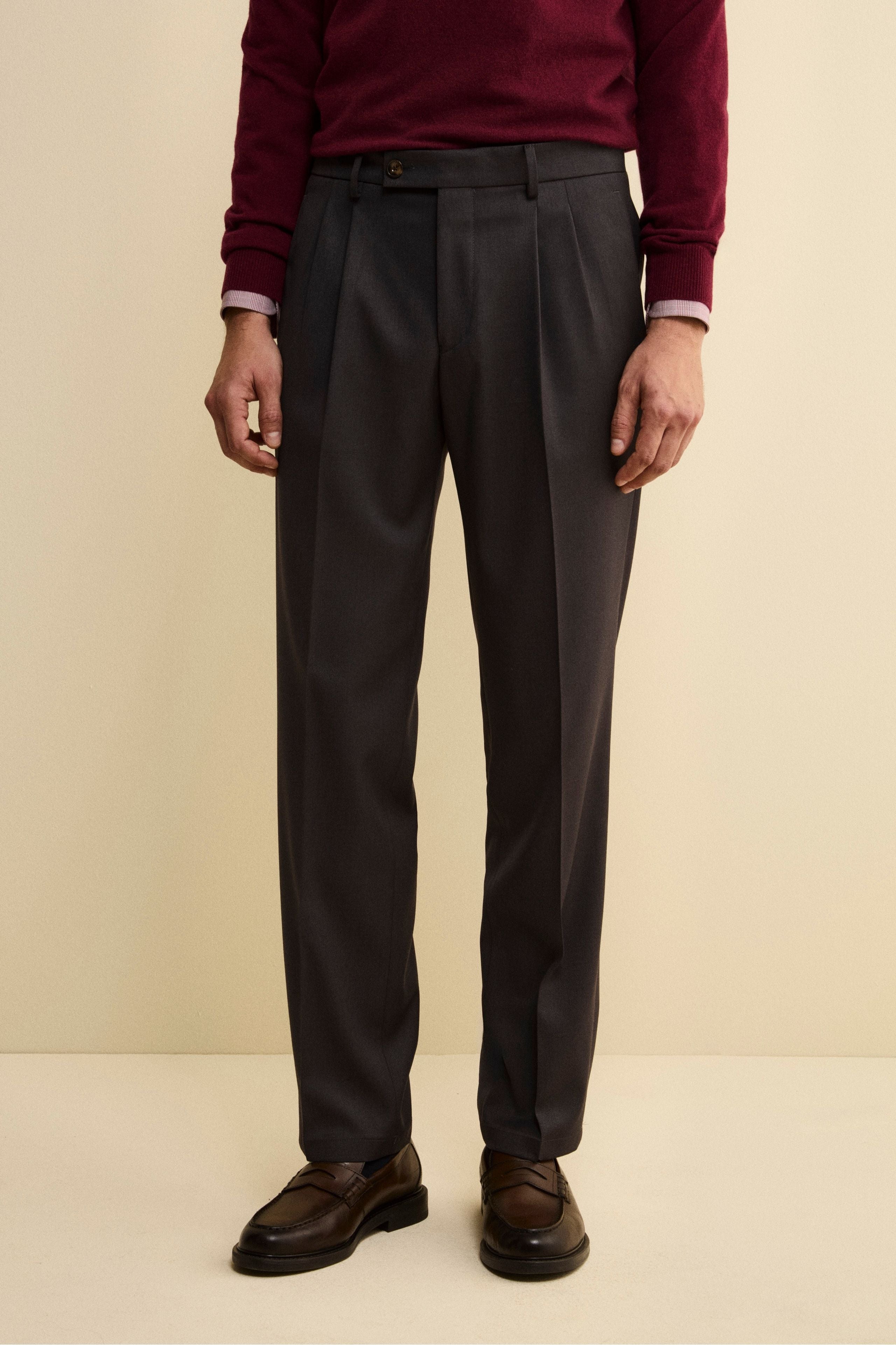 Wide-Leg Wool Blend Trousers with Pleats - Dark grey