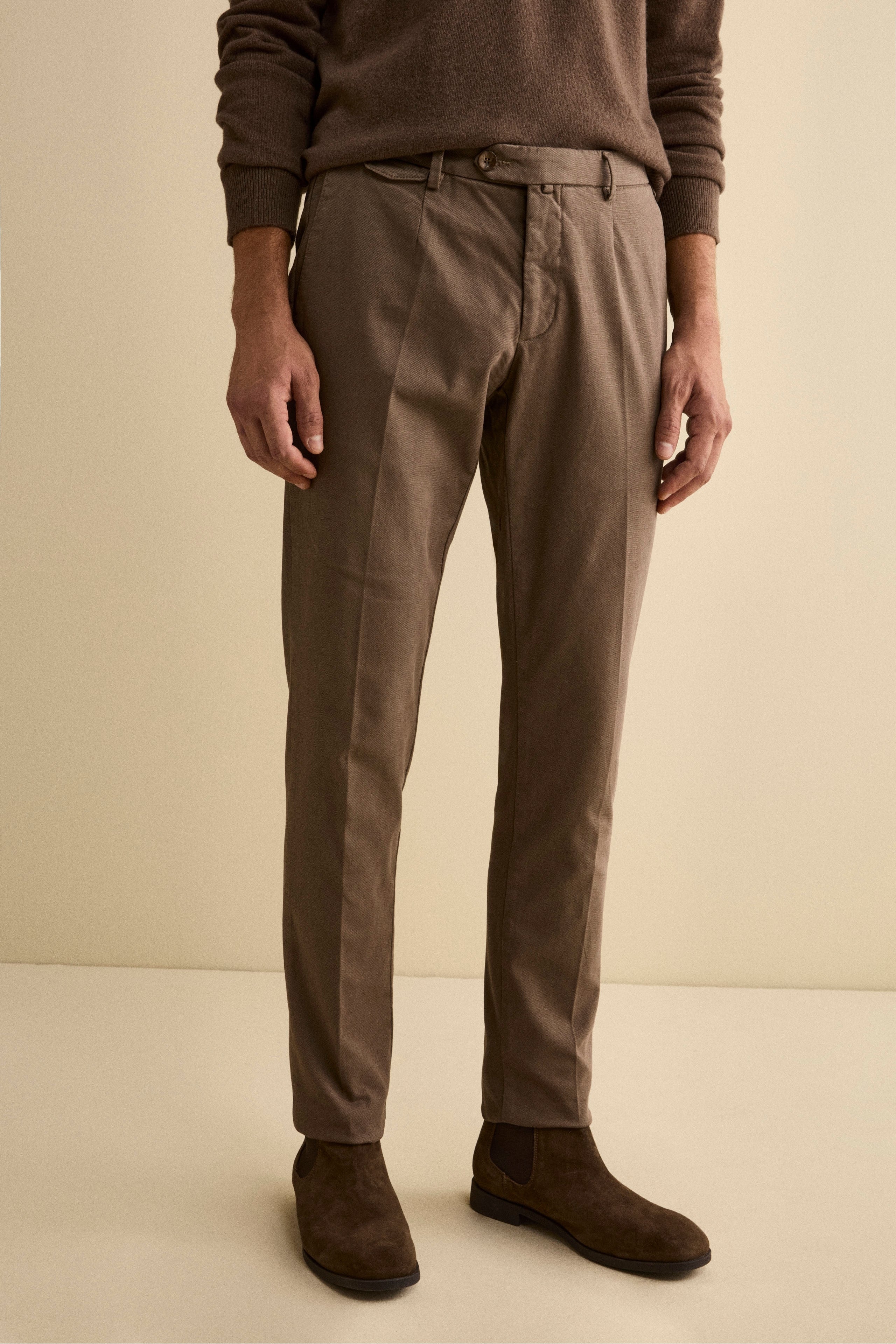 Structured Cotton Slim Fit Trousers - Brown