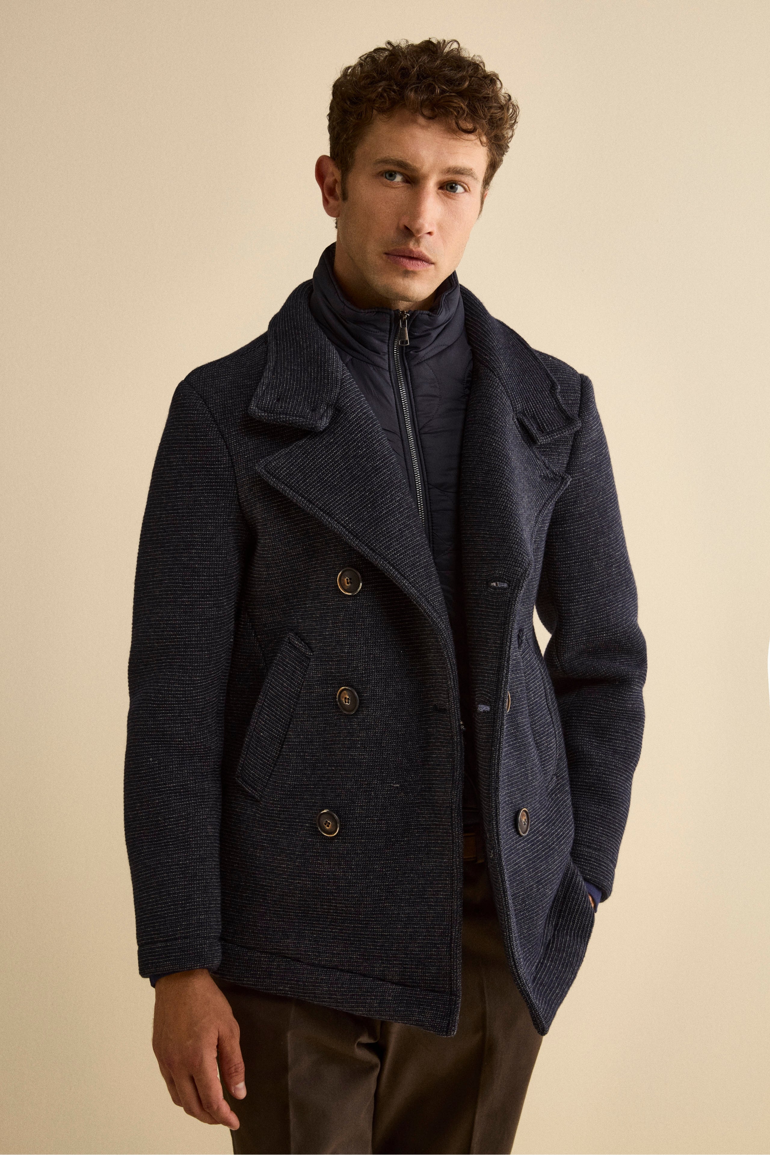 Wool-Blend Double-Breasted Peacoat with Bib - Blue melange