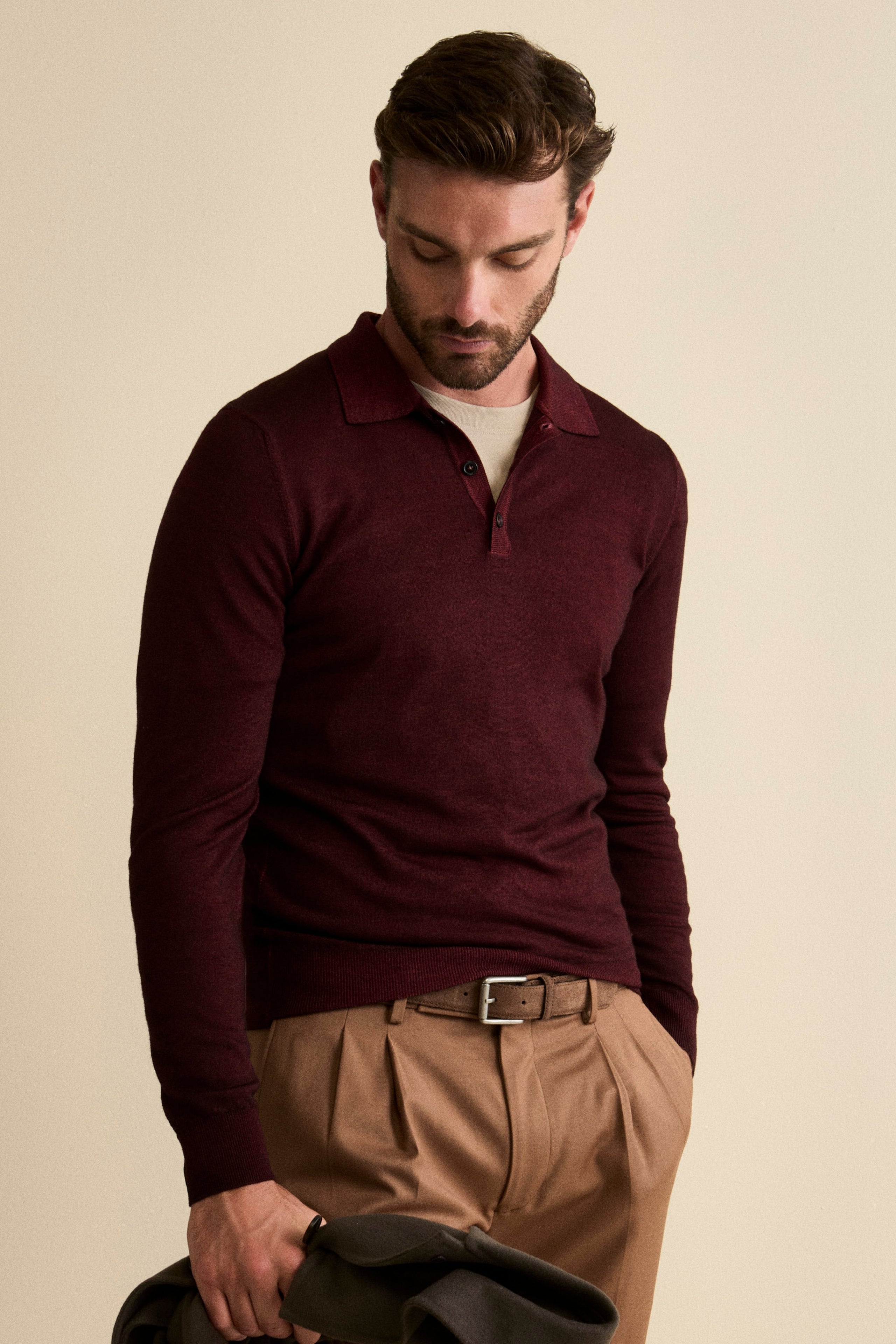 Knit Polo with Buttons in Merino Wool - Burgundy