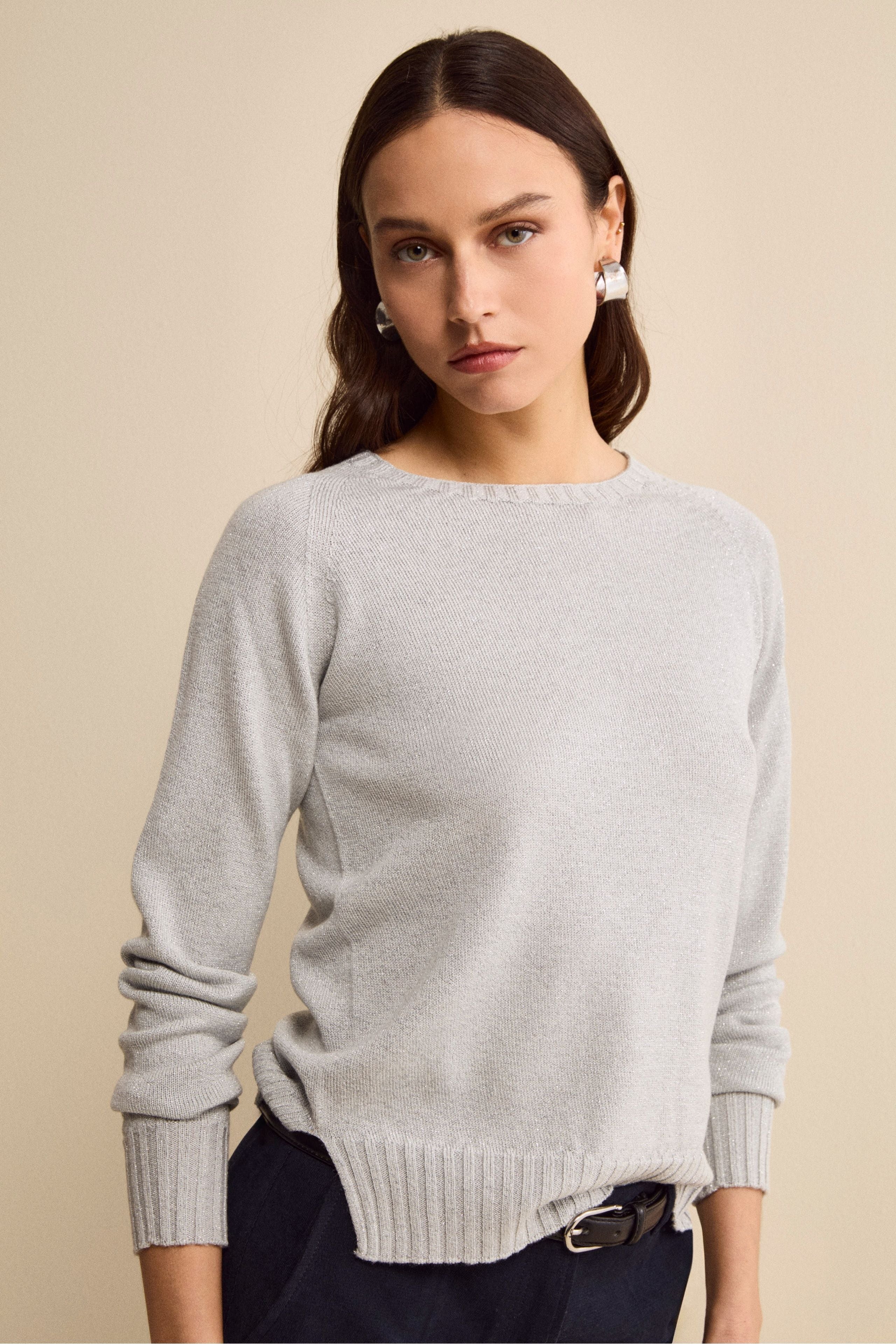Merino Wool Lurex Crewneck Sweater - Light grey