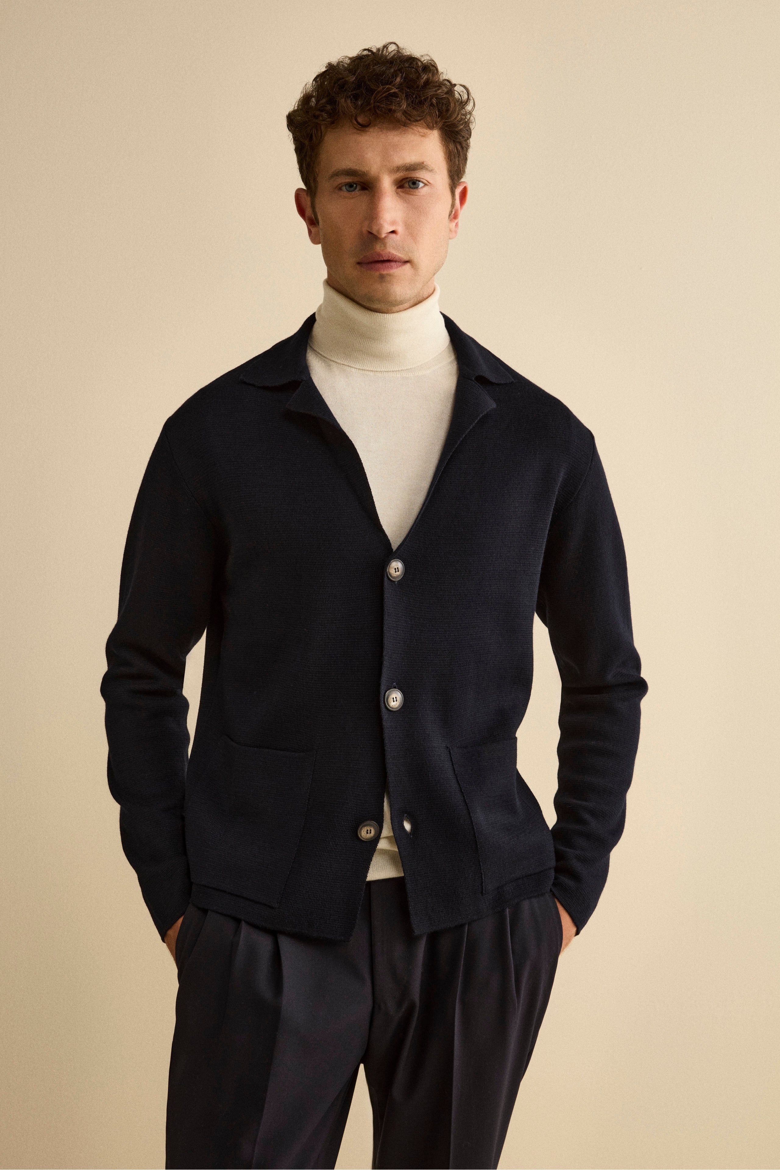 Wool-Blend Cardigan with Pockets and Buttons - BLUE