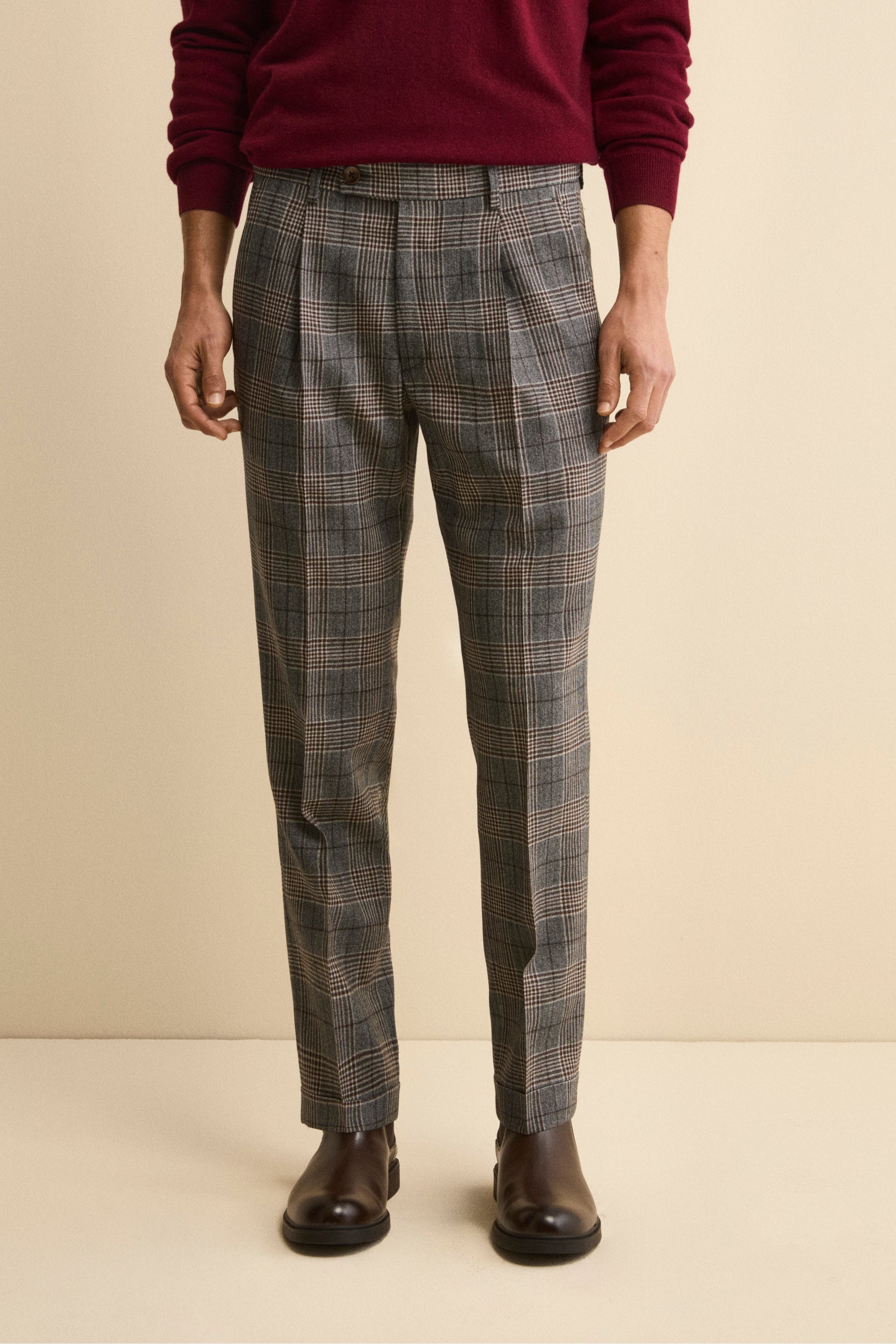Wool Check Trousers with Pleats and Cuffs - -