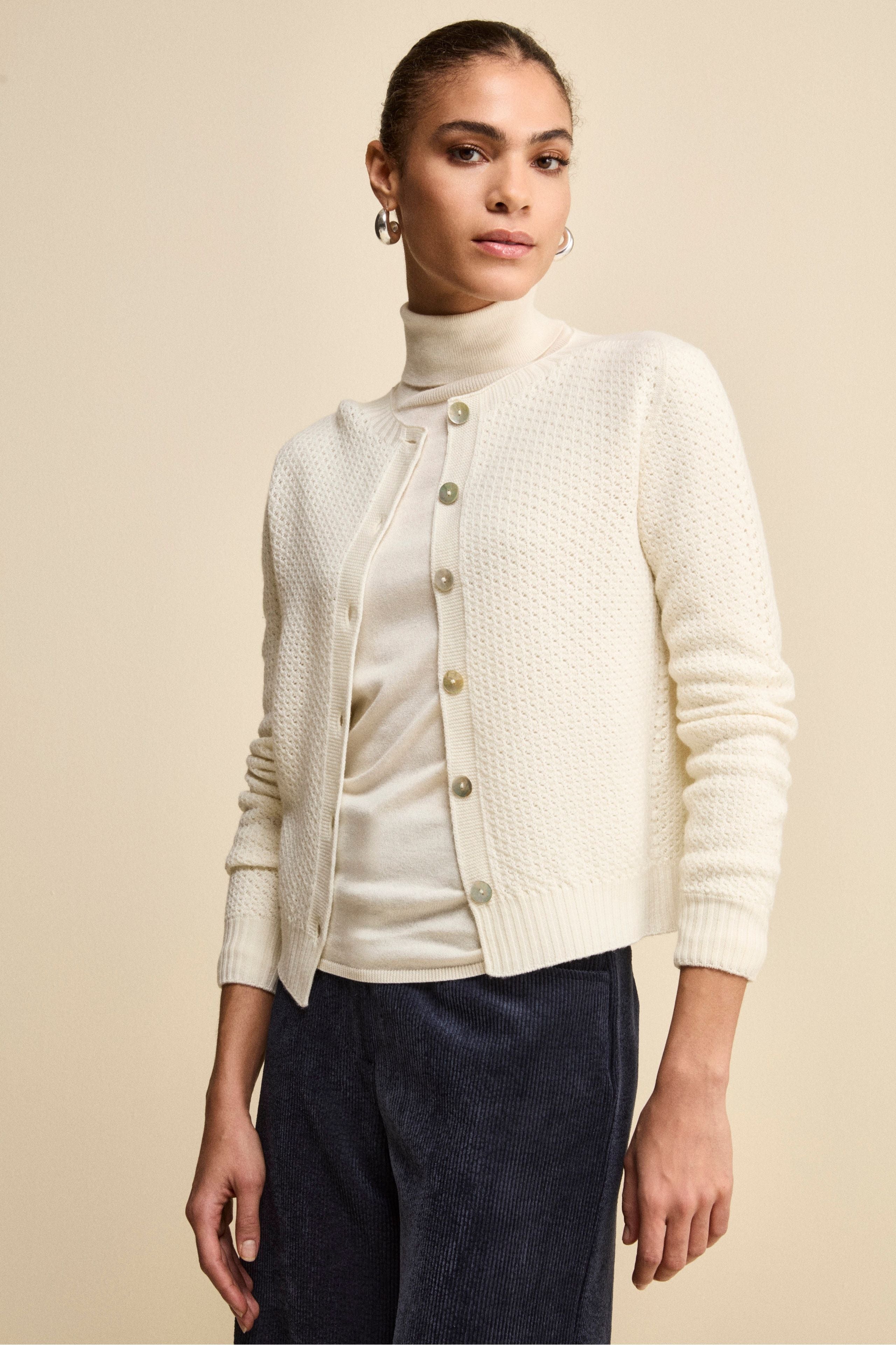 Openwork Merino Wool Cardigan with Mandarin Collar - ECRU