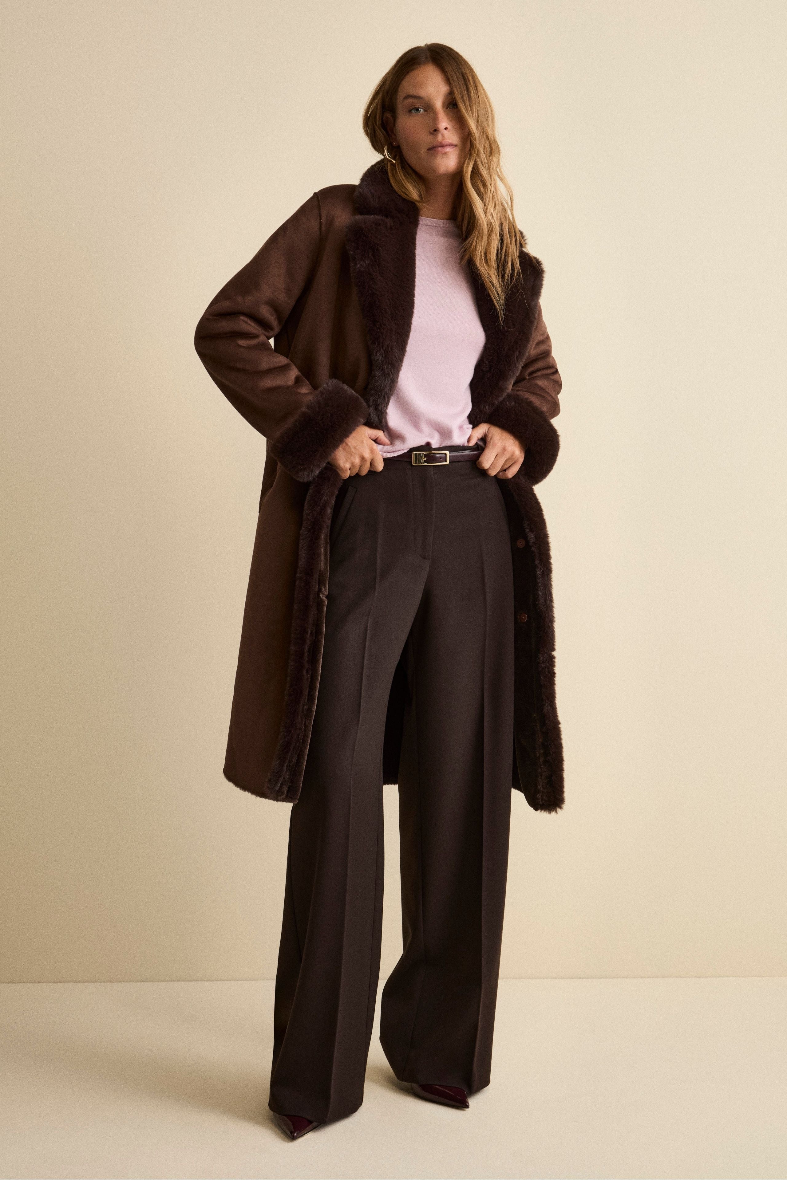 Midi Eco-Shearling Coat - Dark brown