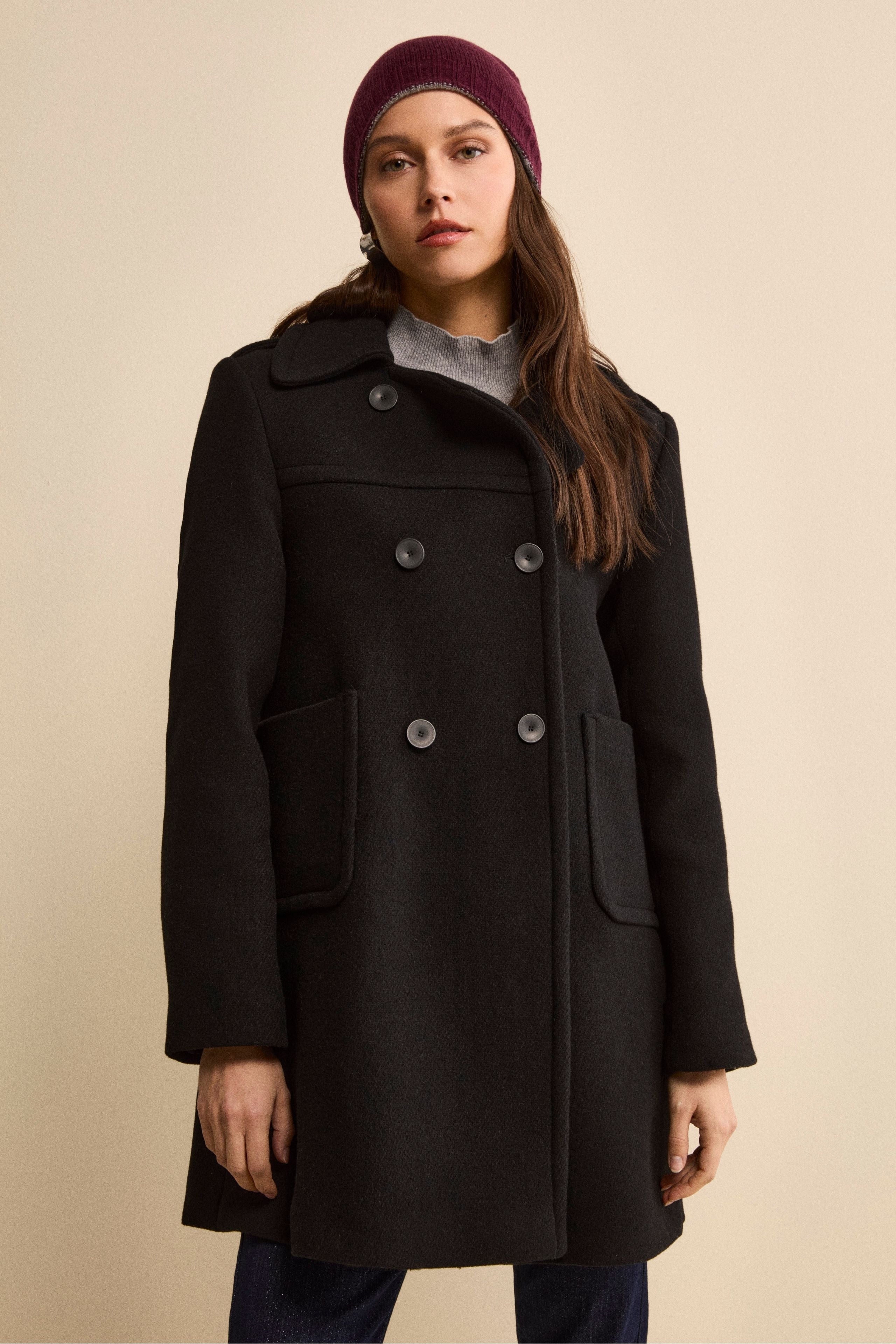 Midi Double-Breasted Virgin Wool Coat with Martingale - BLACK