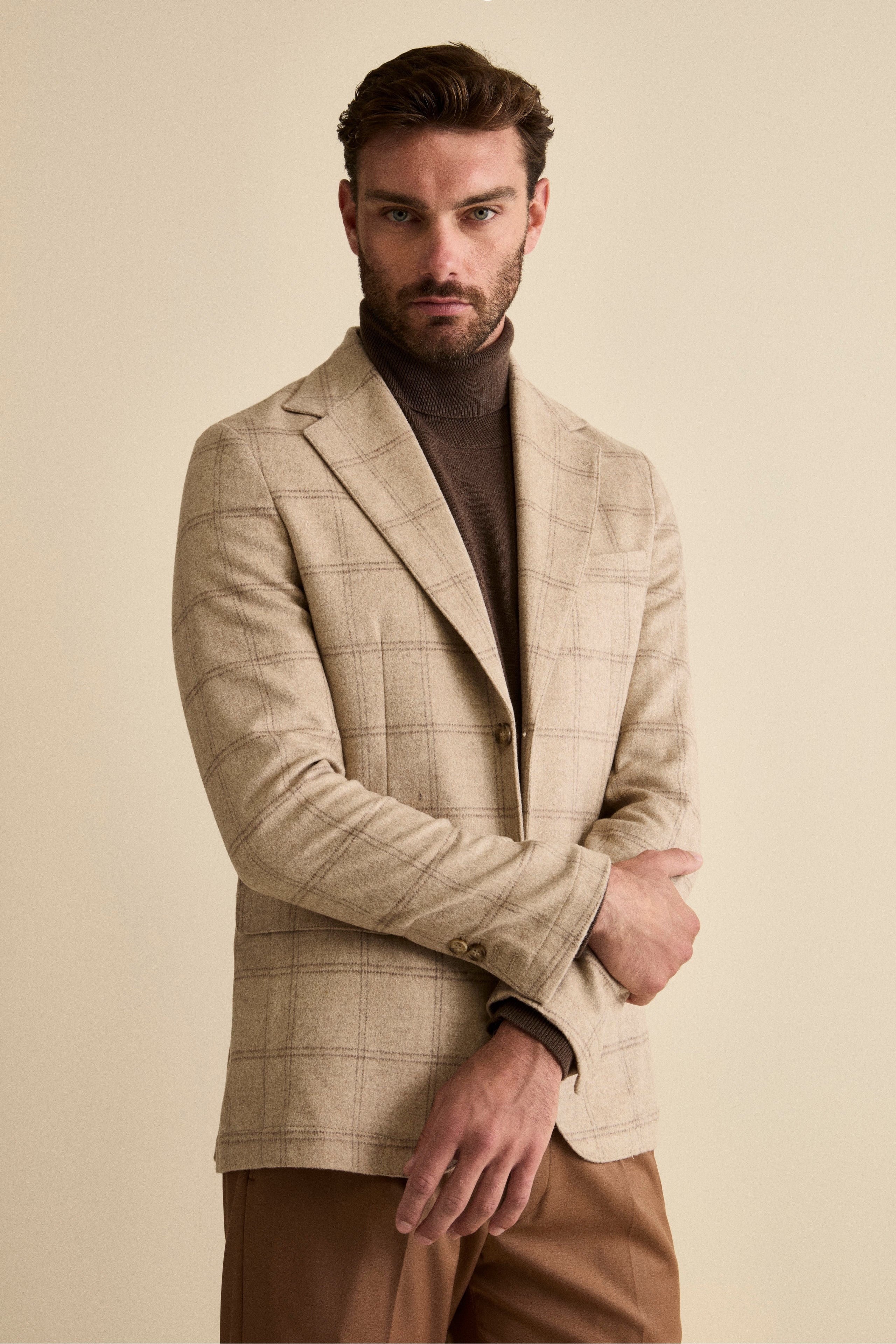 Unstructured Check Jacket in Wool Blend - BEIGE