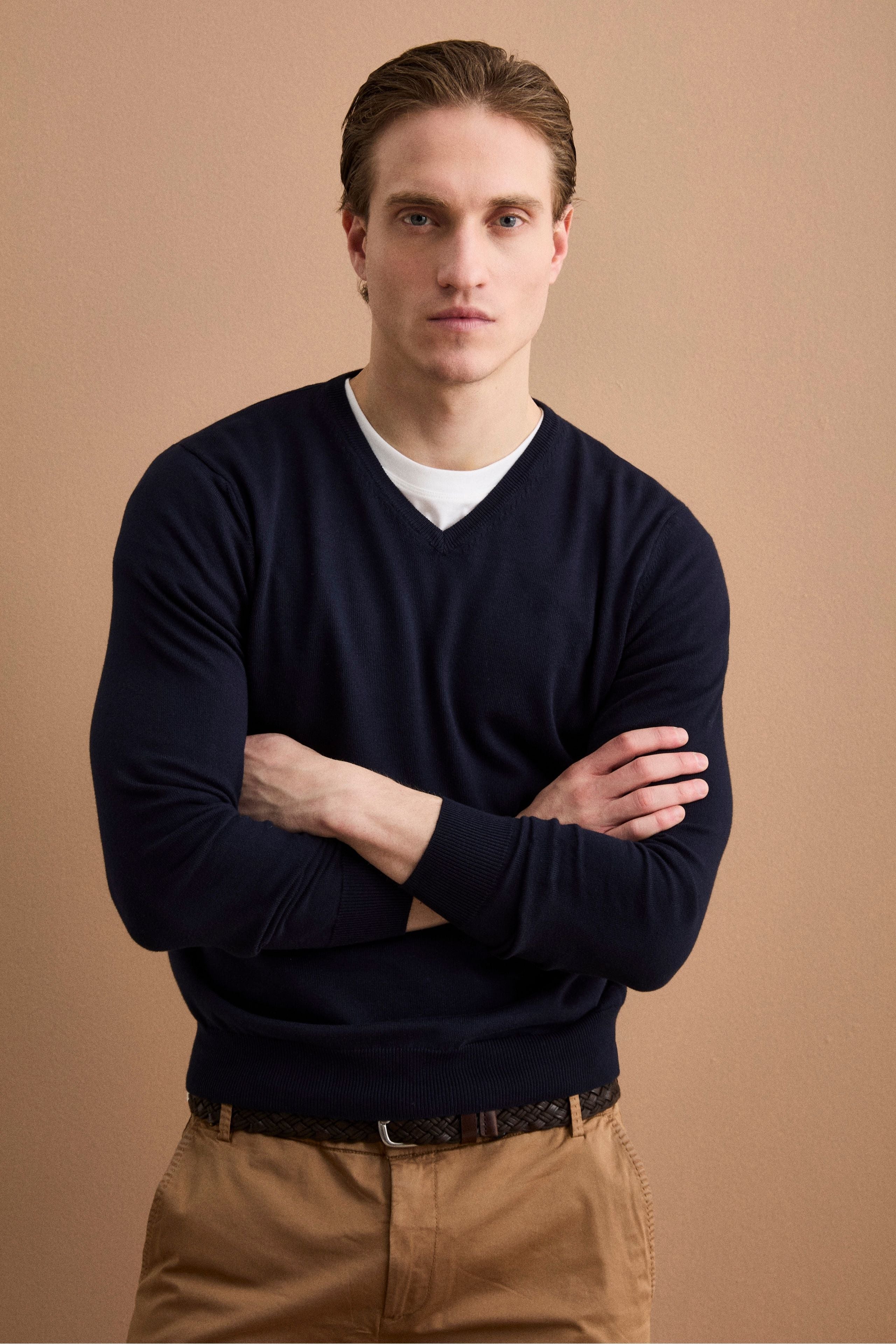 Herren Regular-Fit V-Ausschnitt Pullover aus Baumwolle - BLAU