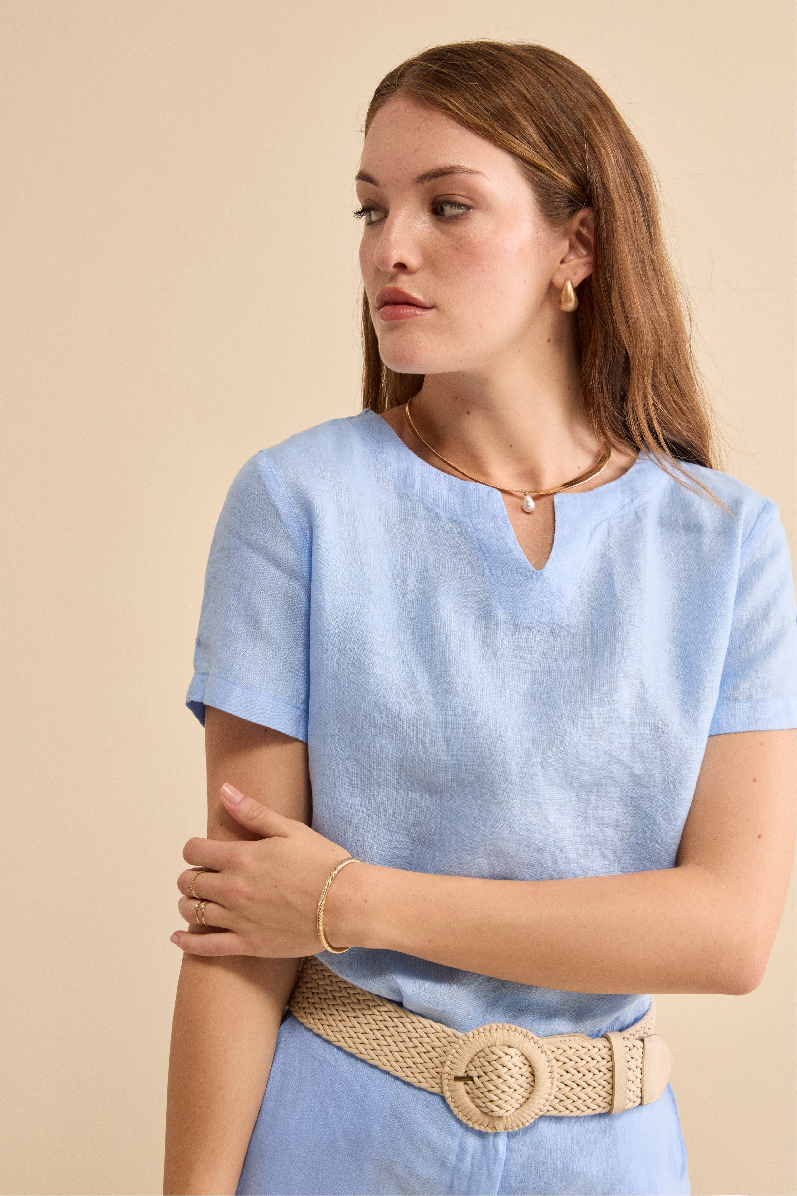 Blusa Morbida Girocollo in Lino - AZZURRO