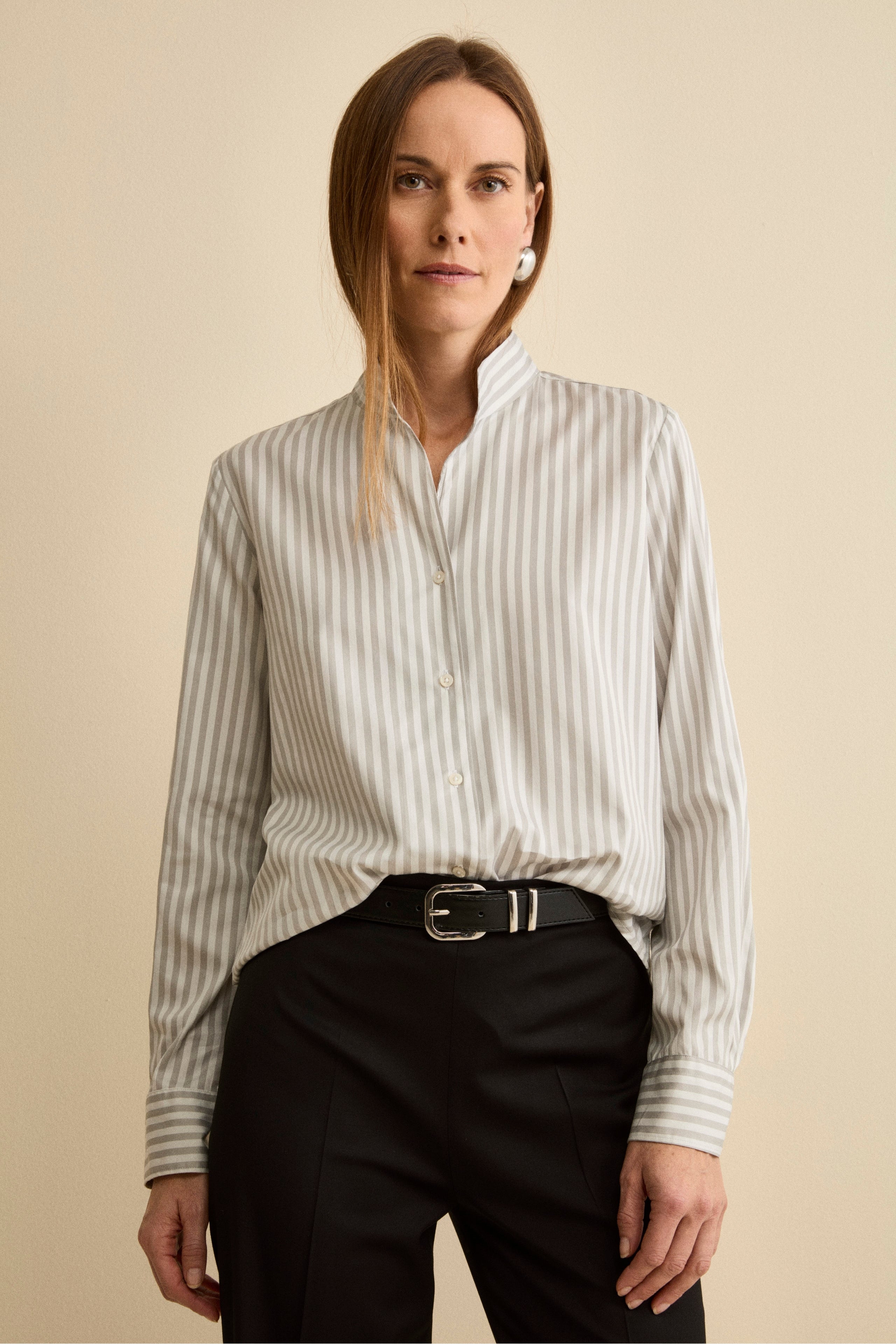 Chemise oversize imprimée en coton et soie - Rayure grise