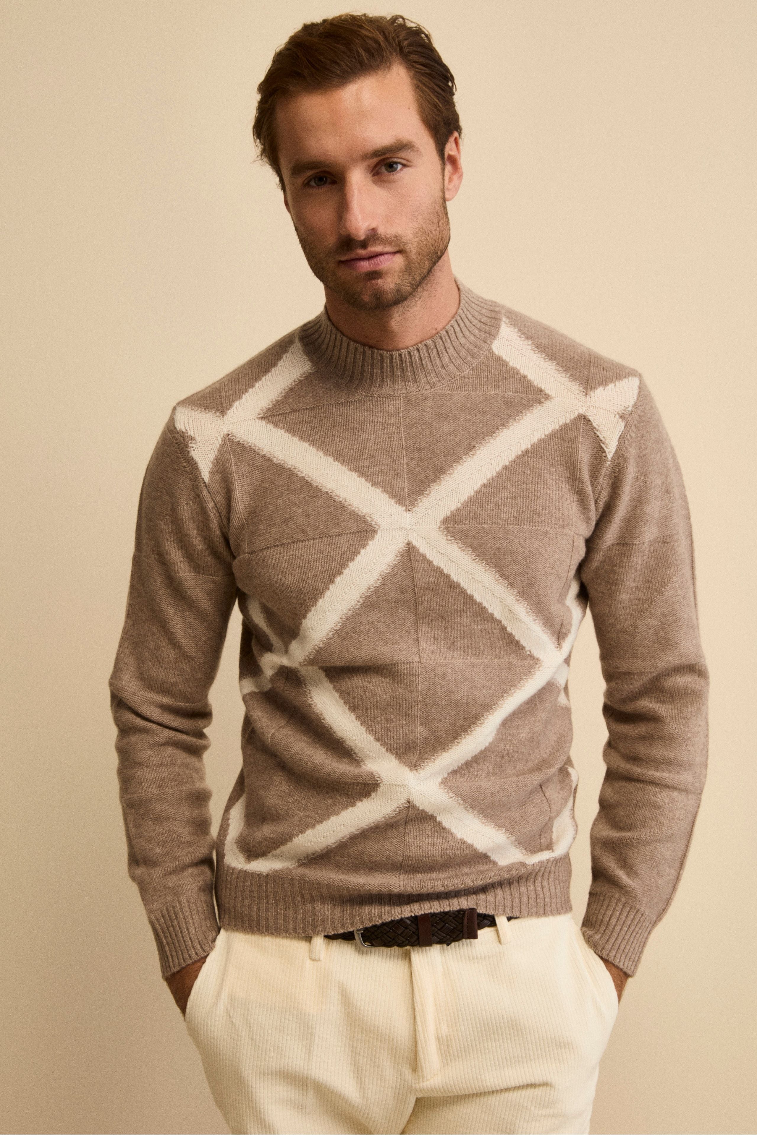 Jacquard Mock Neck in Wool and Cashmere - Brown melange