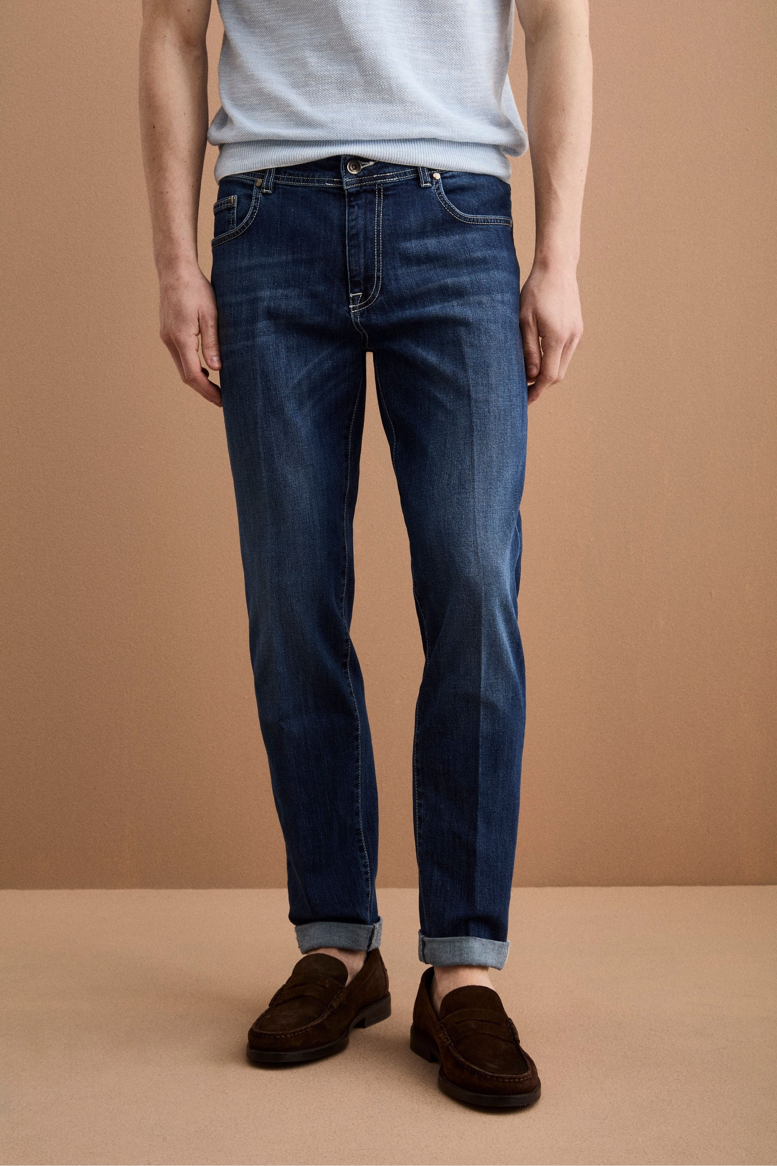 Herren Slim-Fit Five-Pocket-Jeans mit Umschlag - DENIM