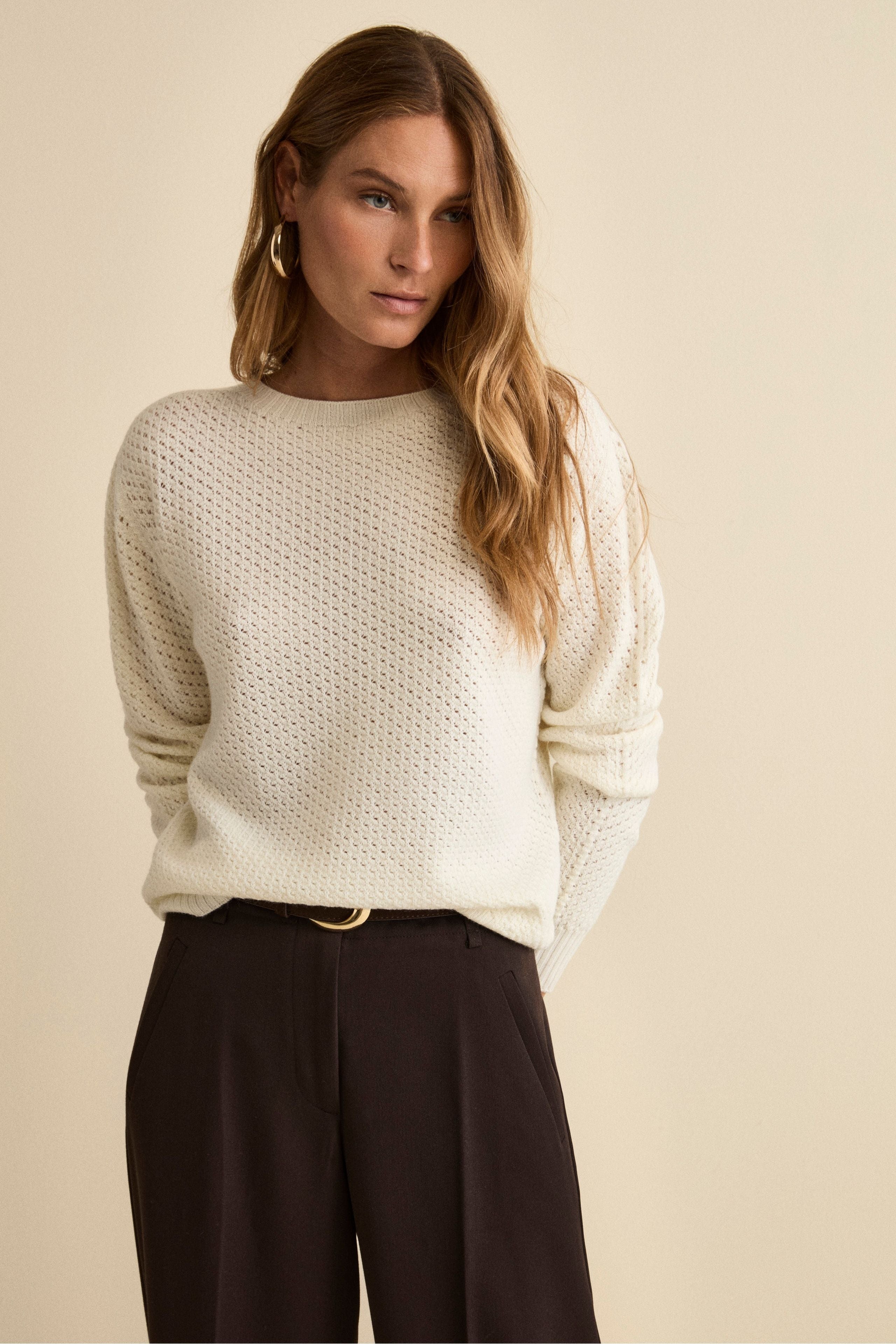 Openwork Merino Wool Crewneck Sweater - ECRU