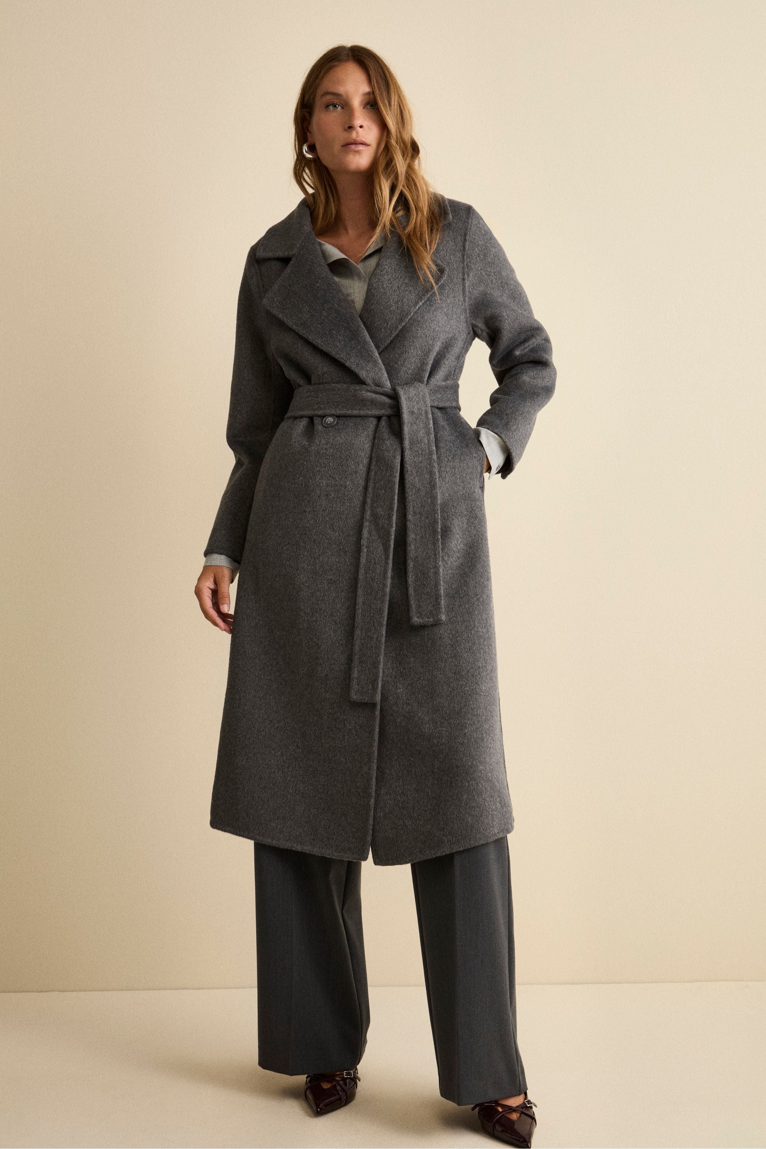 Unlined Long Double-Breasted Coat in Wool Blend - GREY