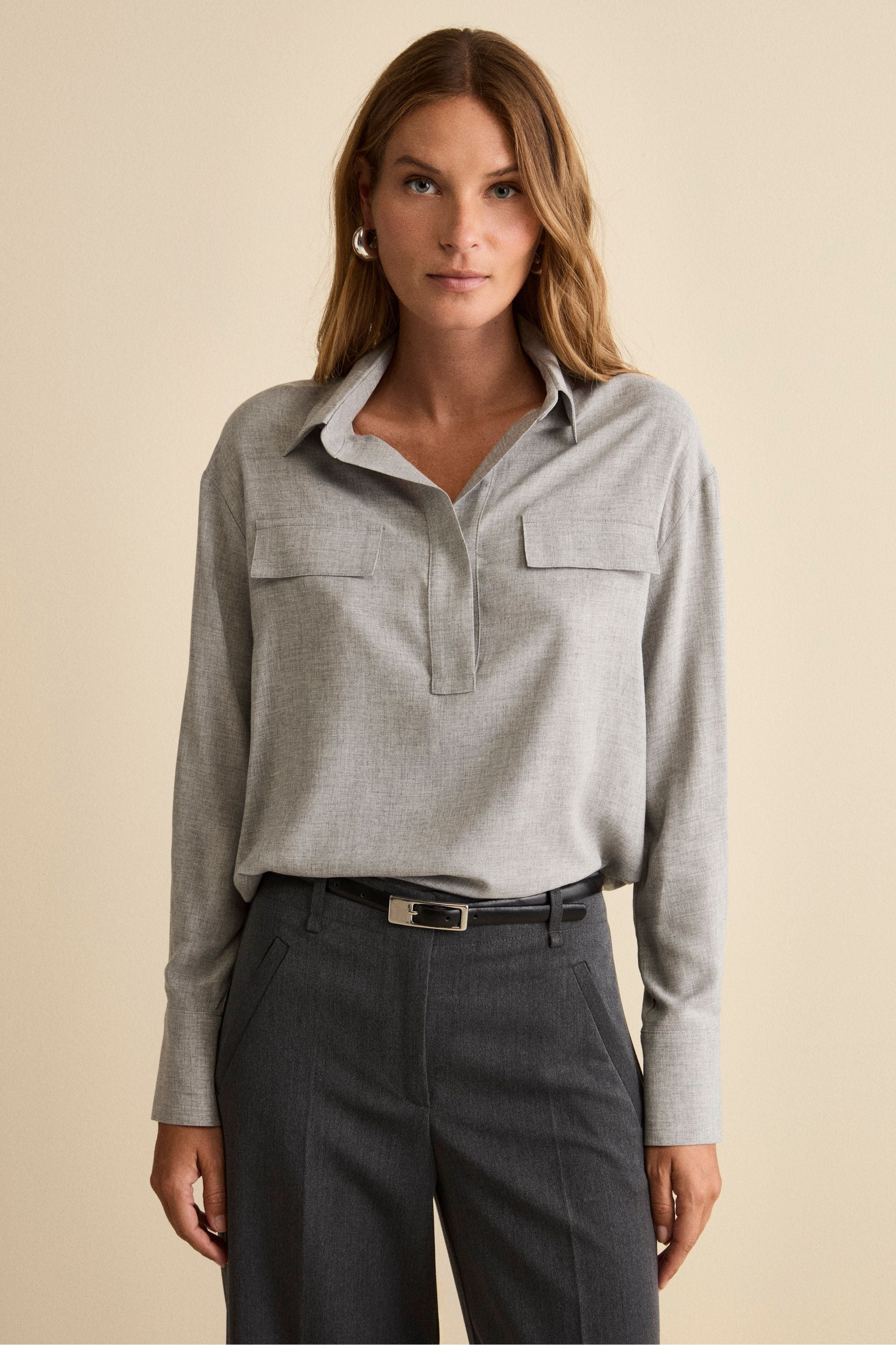 Oversized Gauze Blouse with Flaps - GREY