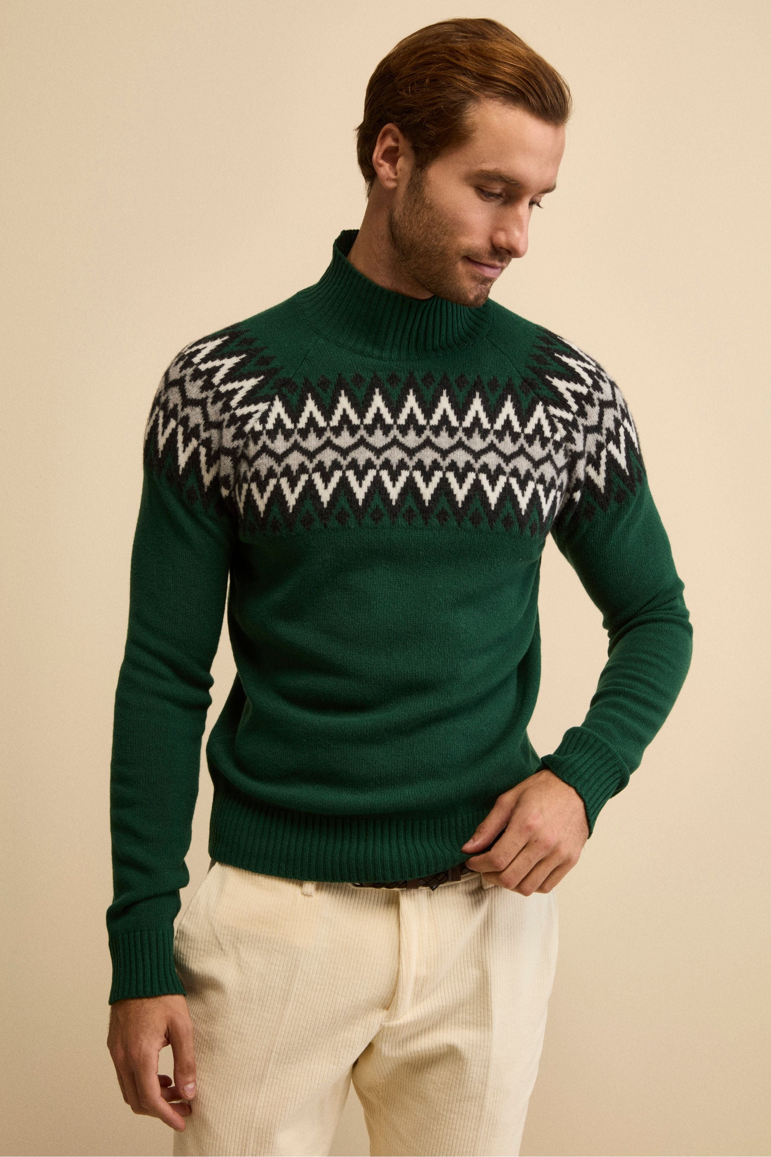 Jacquard Norwegian Mock Neck in Merino Wool - GREEN/GREY