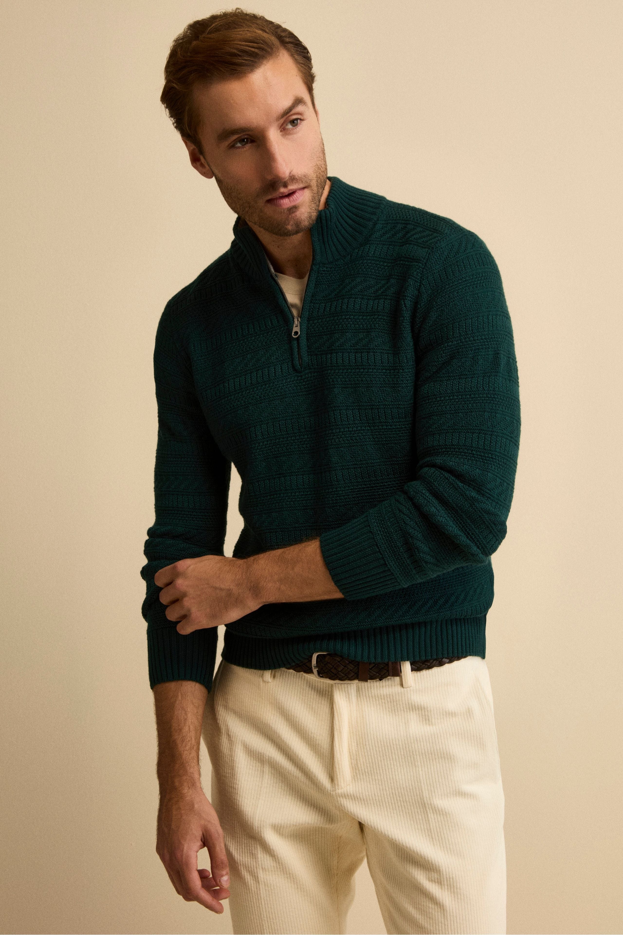 Half-Zip Mock Neck in Virgin Wool - GREEN