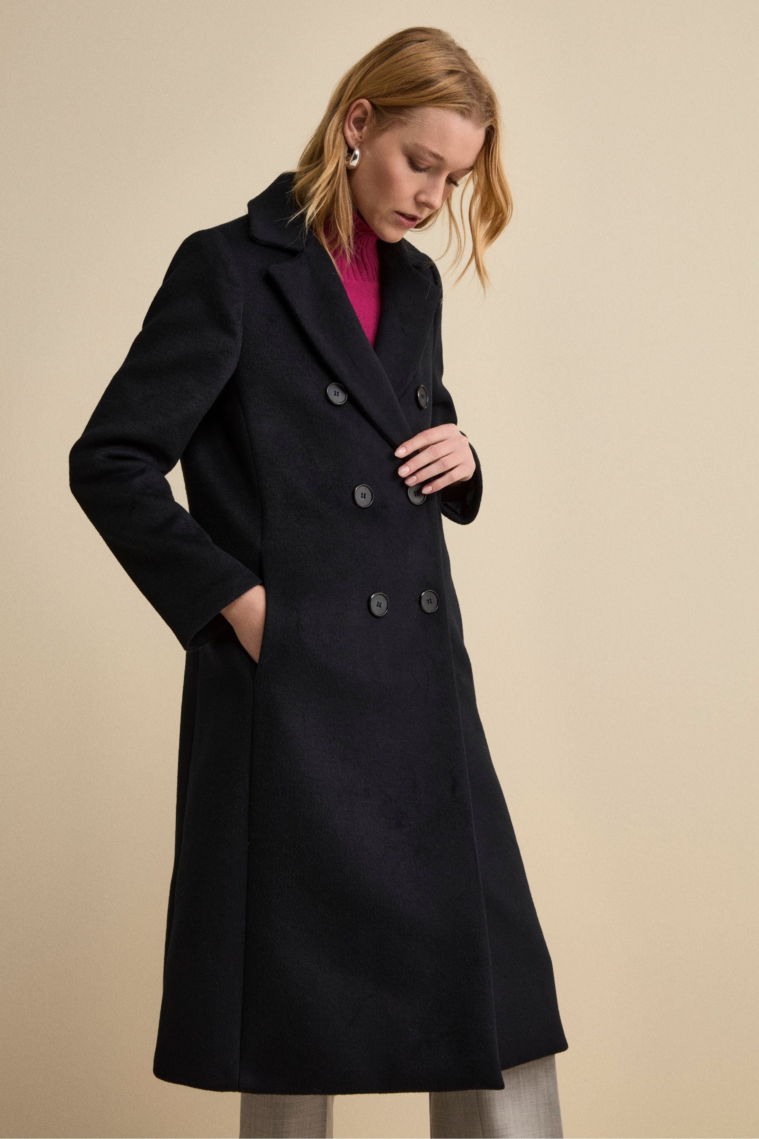 Long Double-Breasted Lined Coat in Wool Blend - BLUE