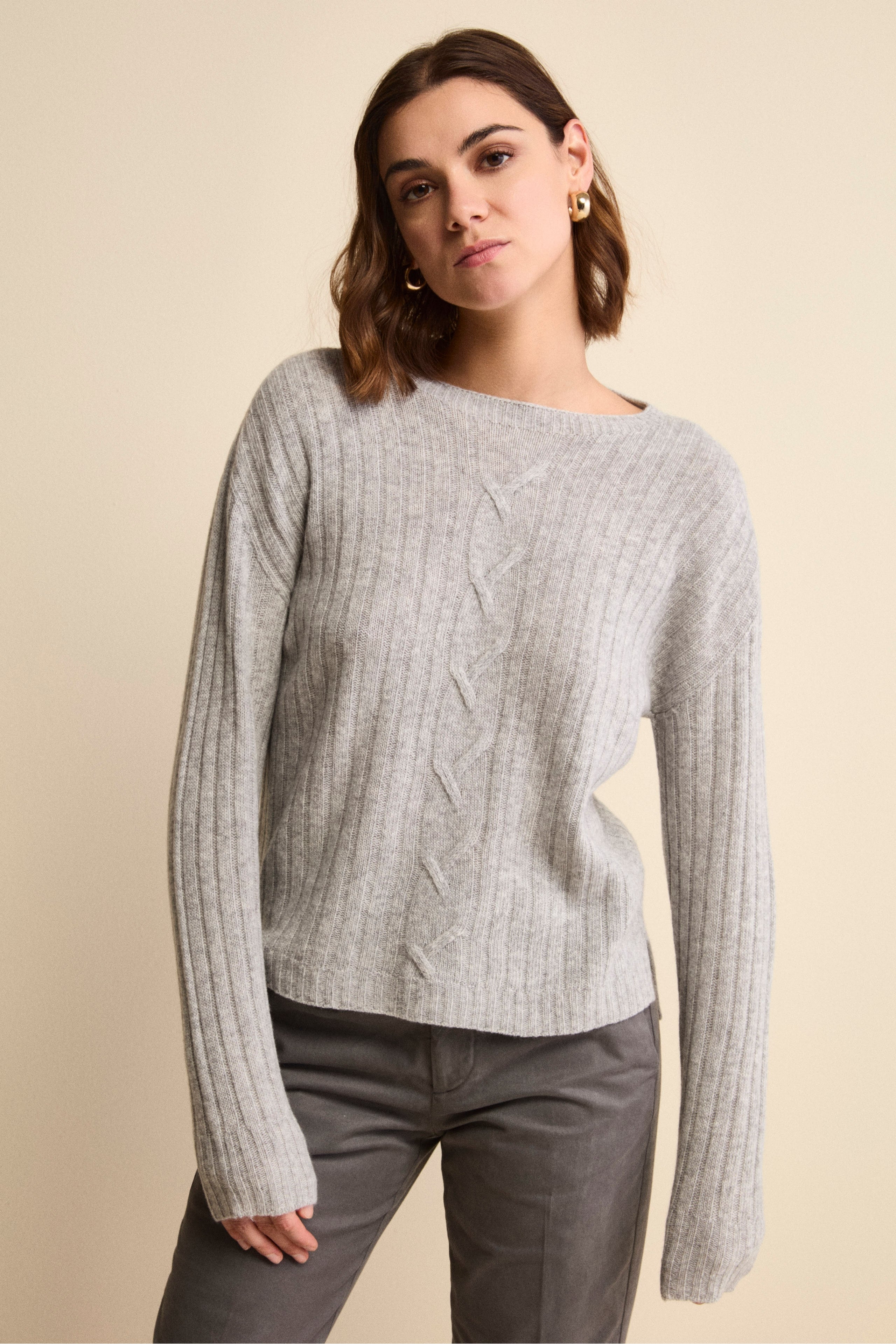 Boat-Neck Sweater in Wool and Cashmere - Light grey