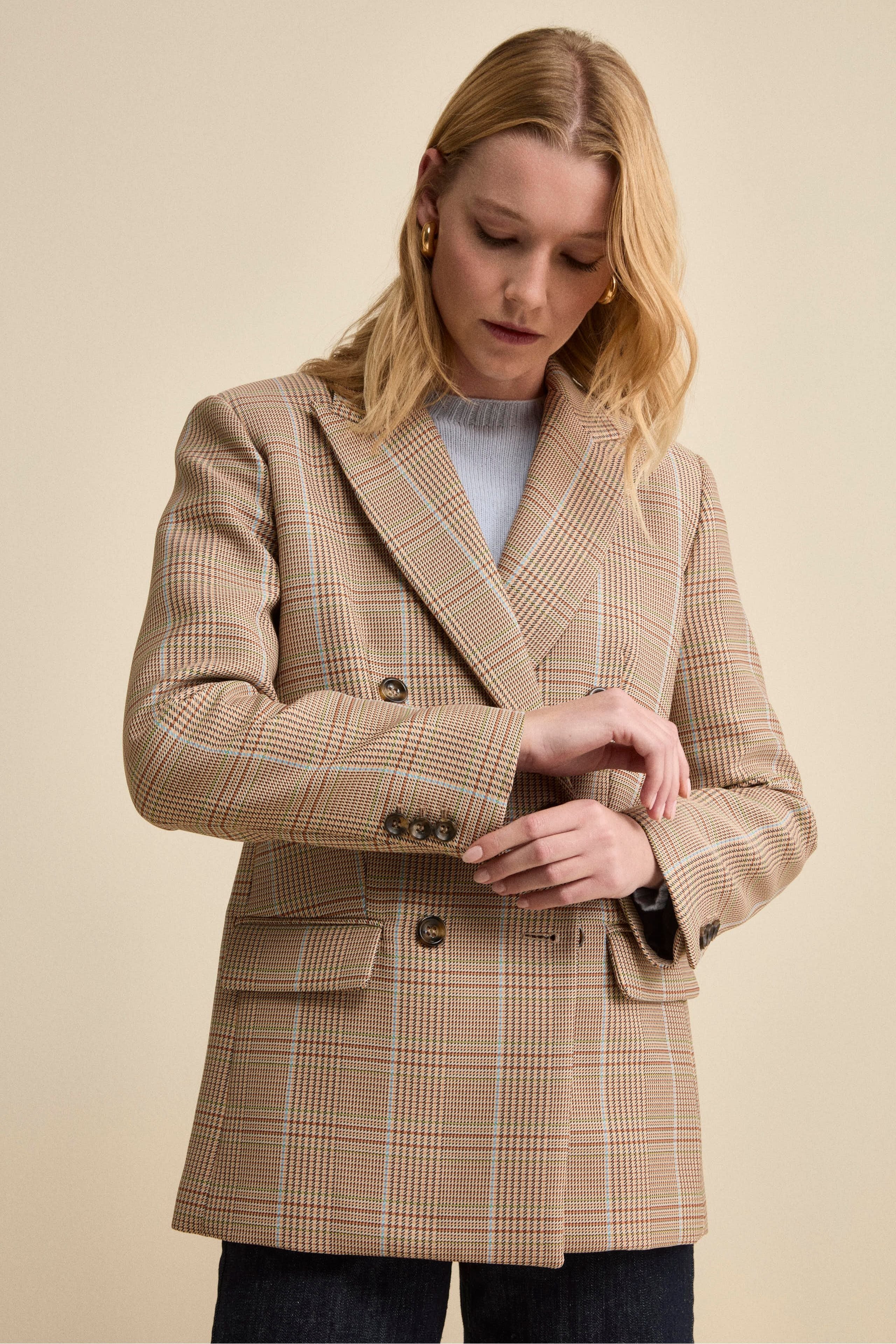 Double-Breasted Checked Jacket in Cotton Blend - Camel Check