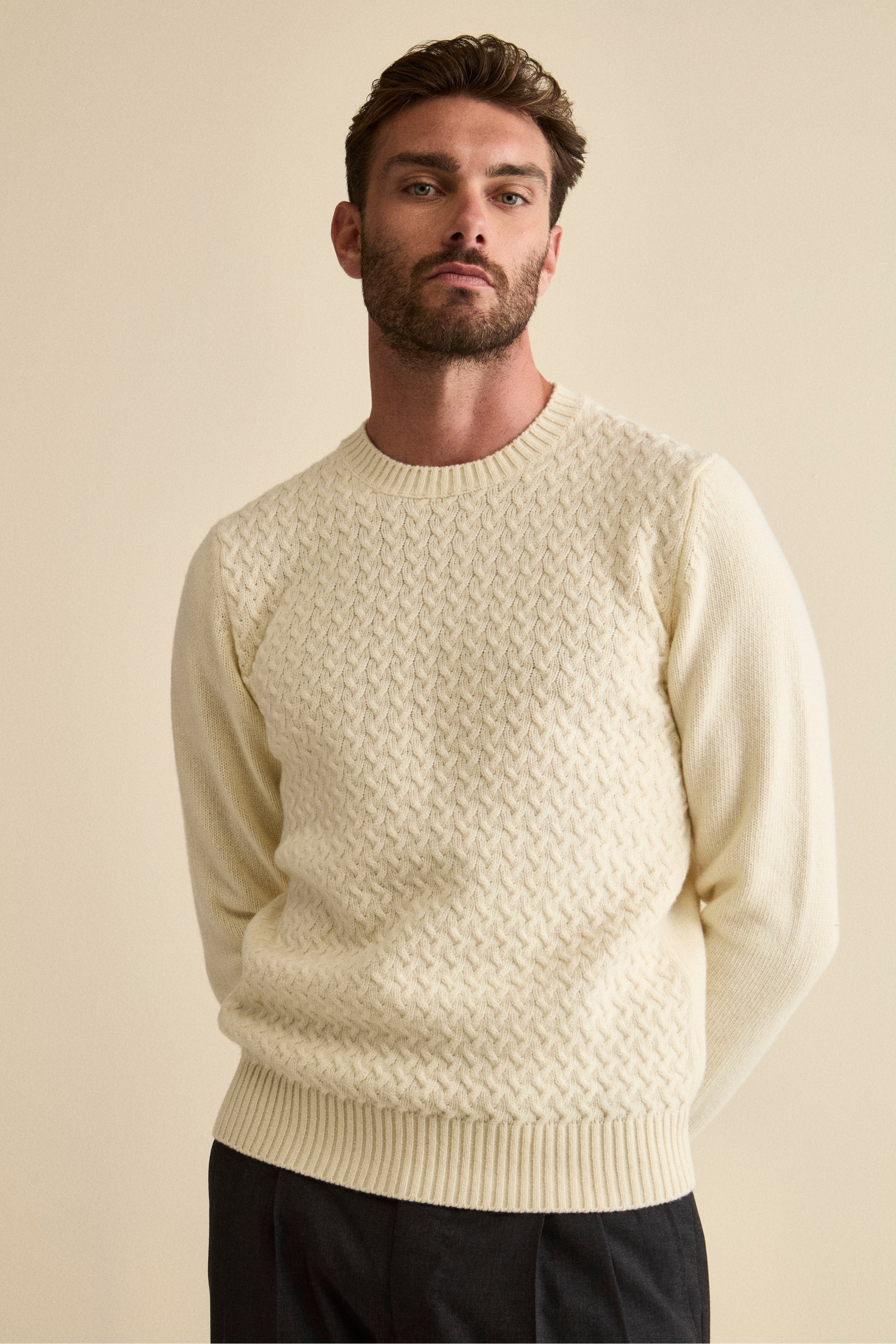 Cable-Knit Crewneck Sweater in Wool - Cream white