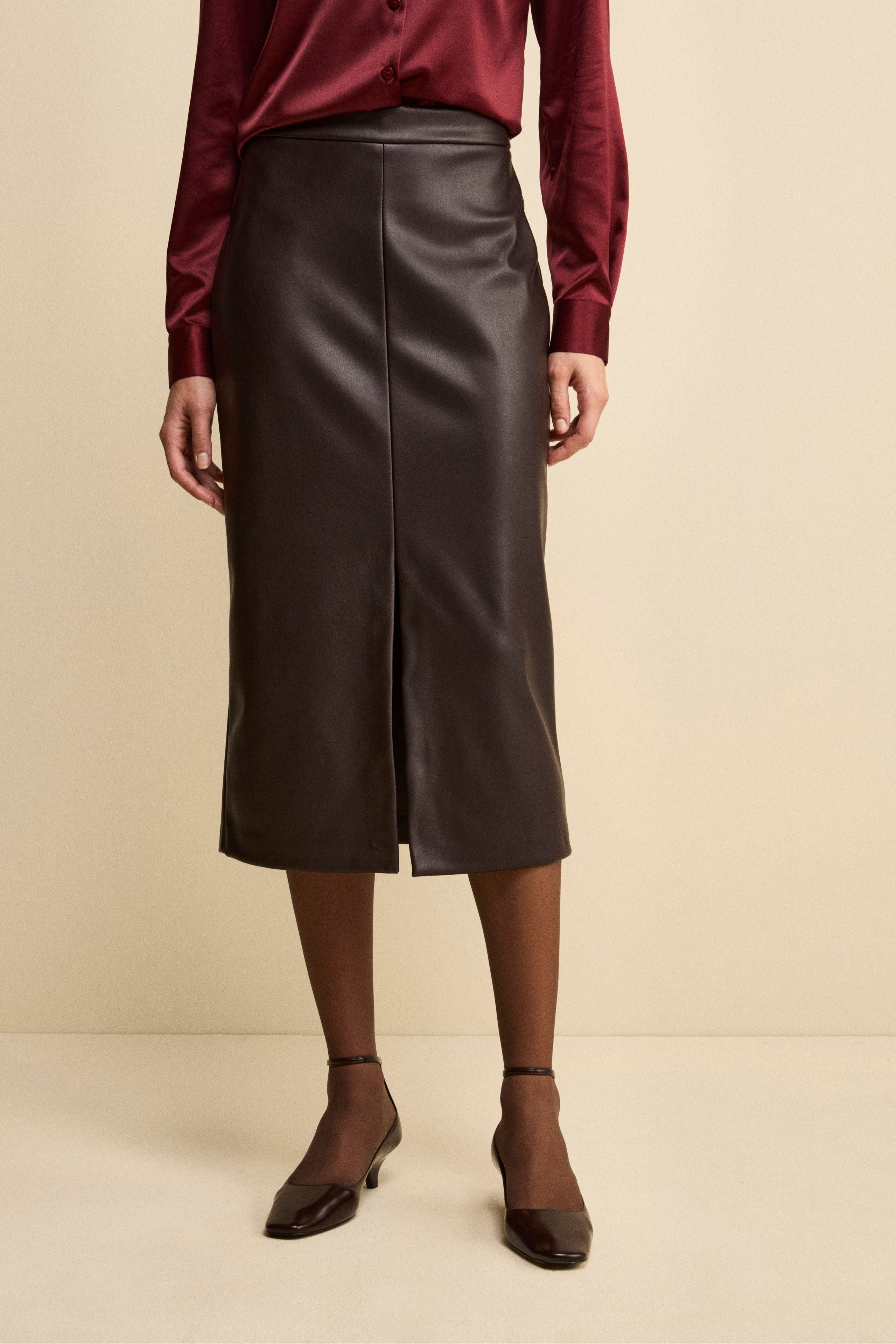 Long Faux-Leather Skirt with Slit - Dark brown