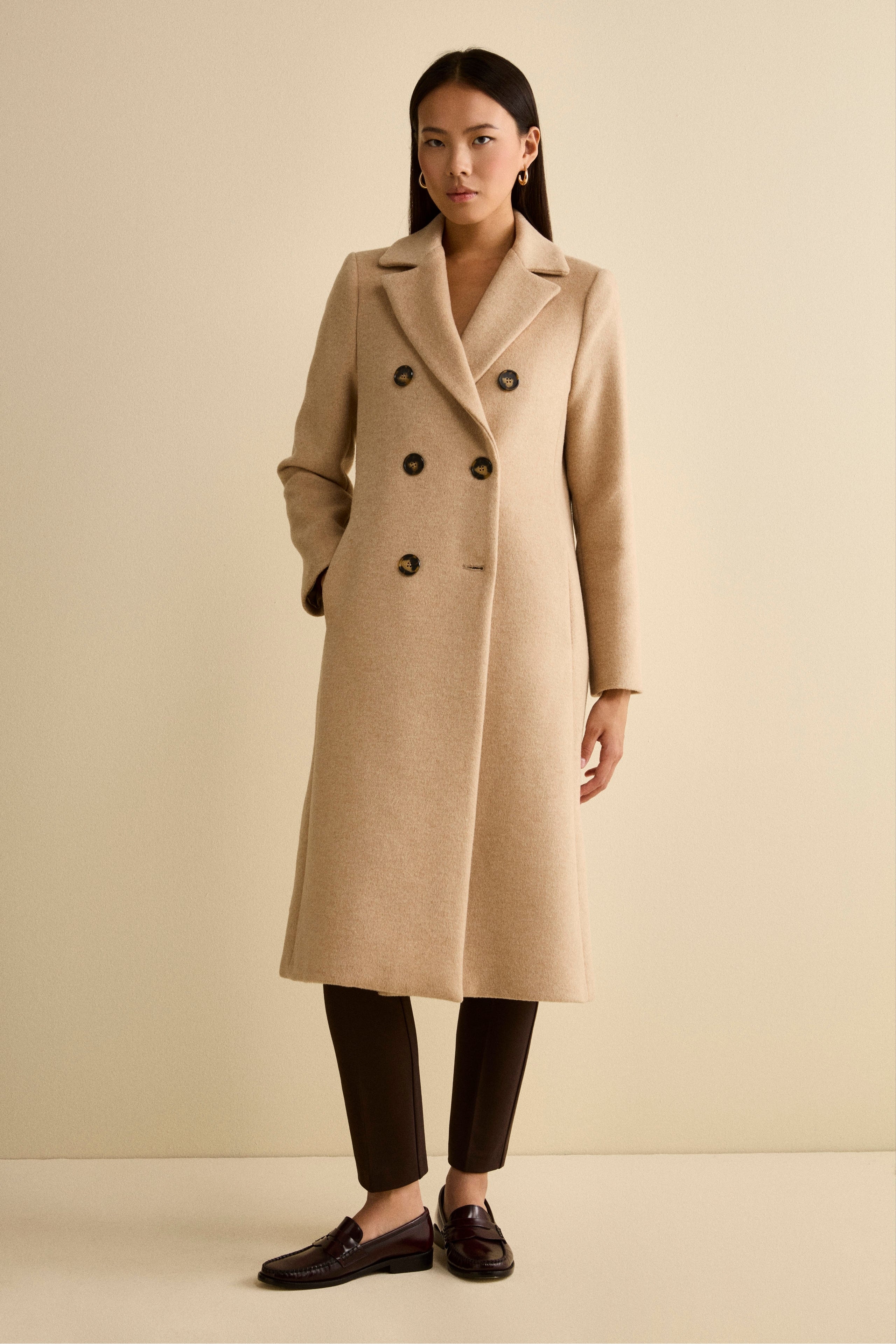 Long Double-Breasted Lined Coat in Wool Blend - CREAM