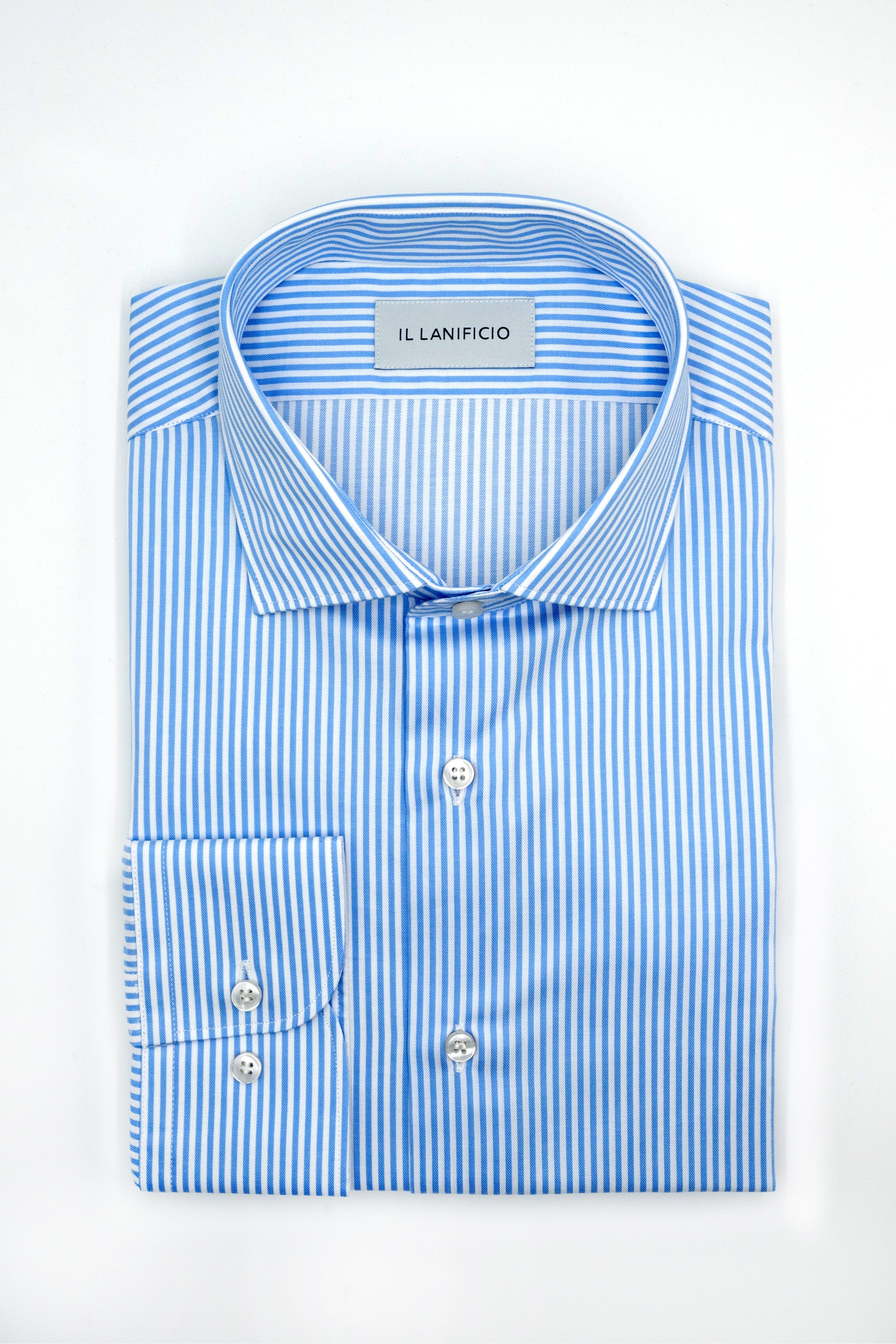 Custom-Fit Twill Shirt with French Collar - Light blue stripe