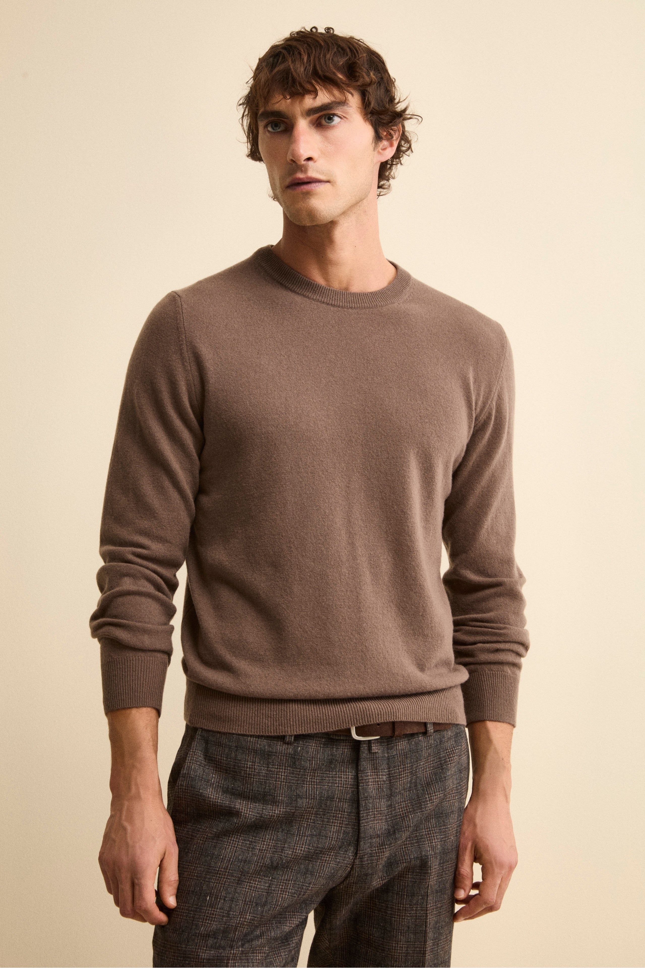 Crew-neck sweater in wool - Cacao brown