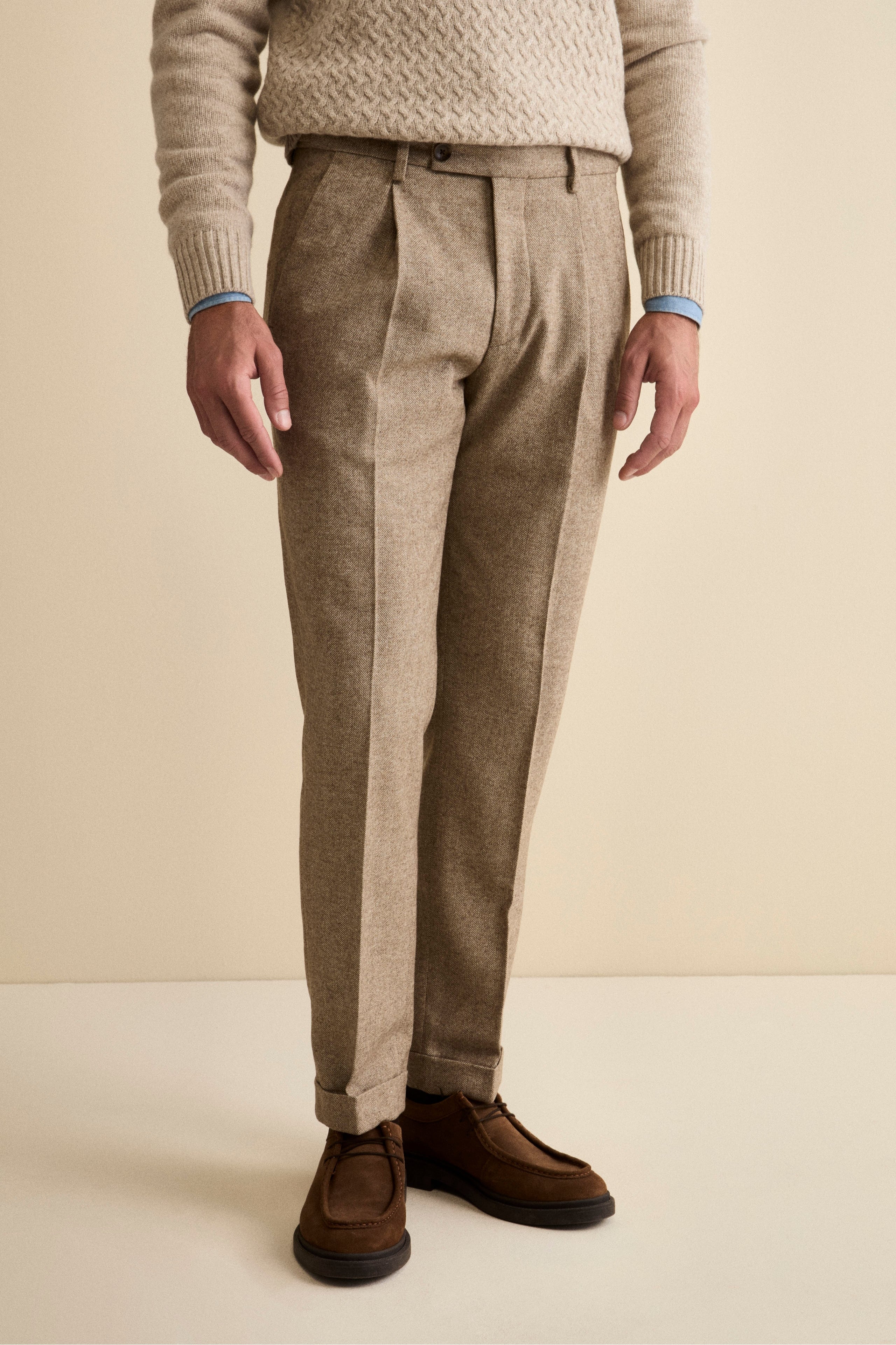 Herringbone Straight Trousers in Wool Blend with Cuff - Brown melange