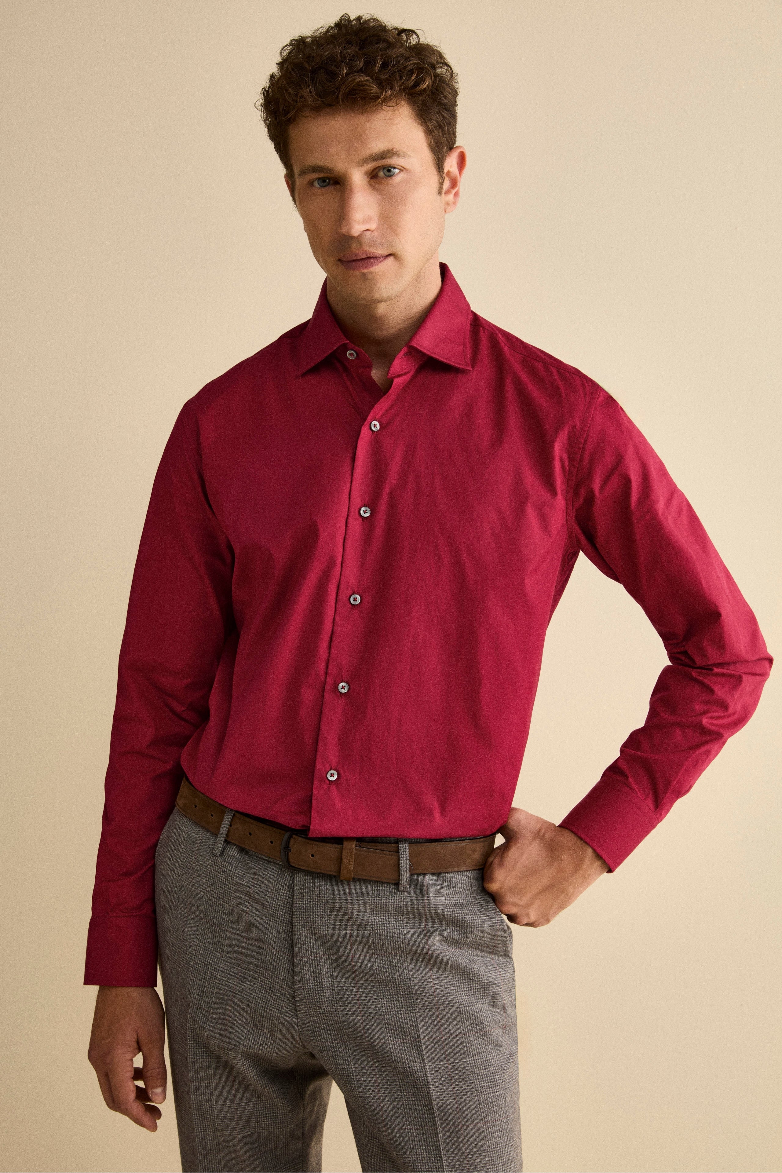 Solid Color Cotton Shirt Custom Fit - Burgundy