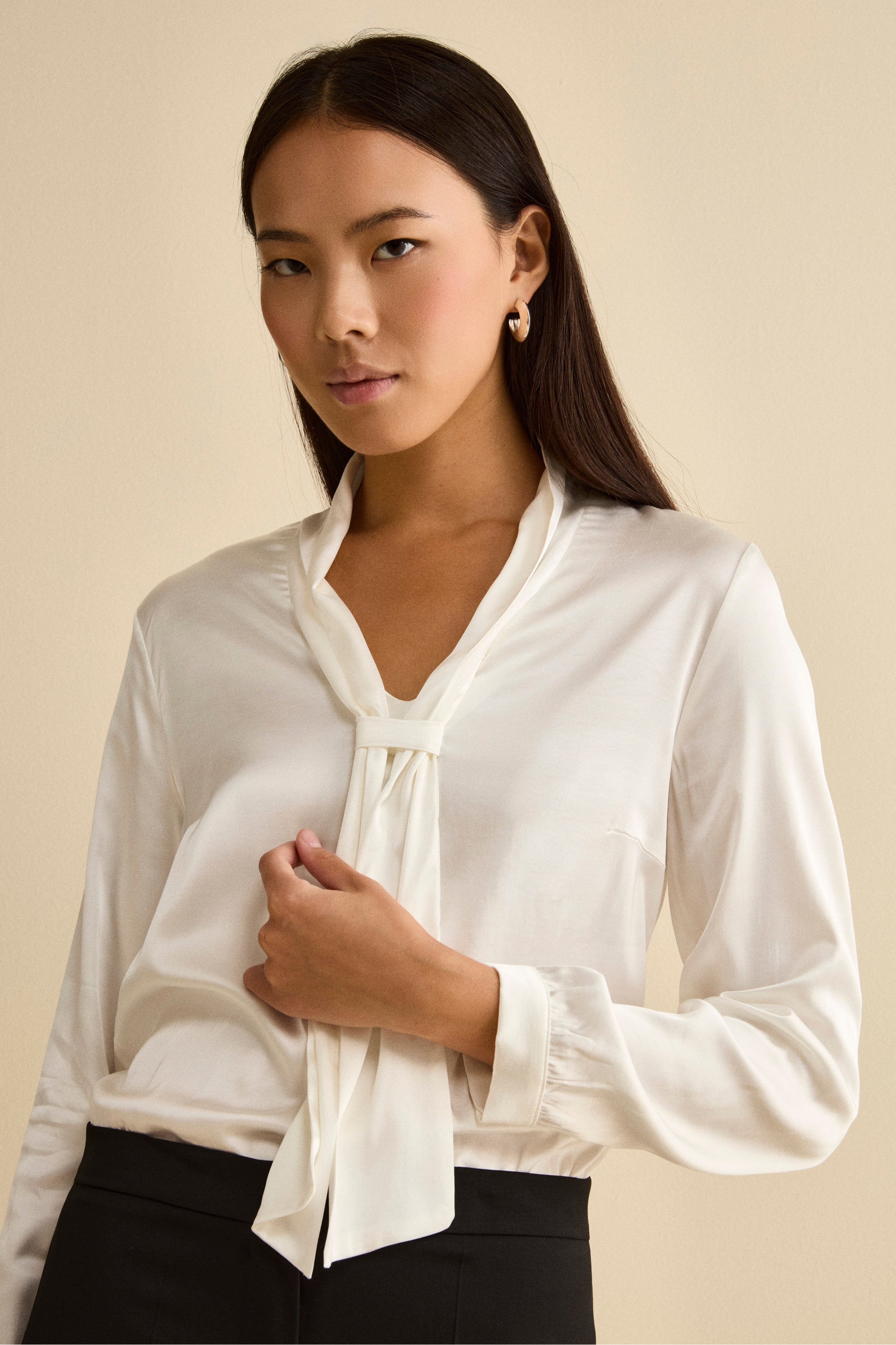 Satin Blouse with Bow - CREAM