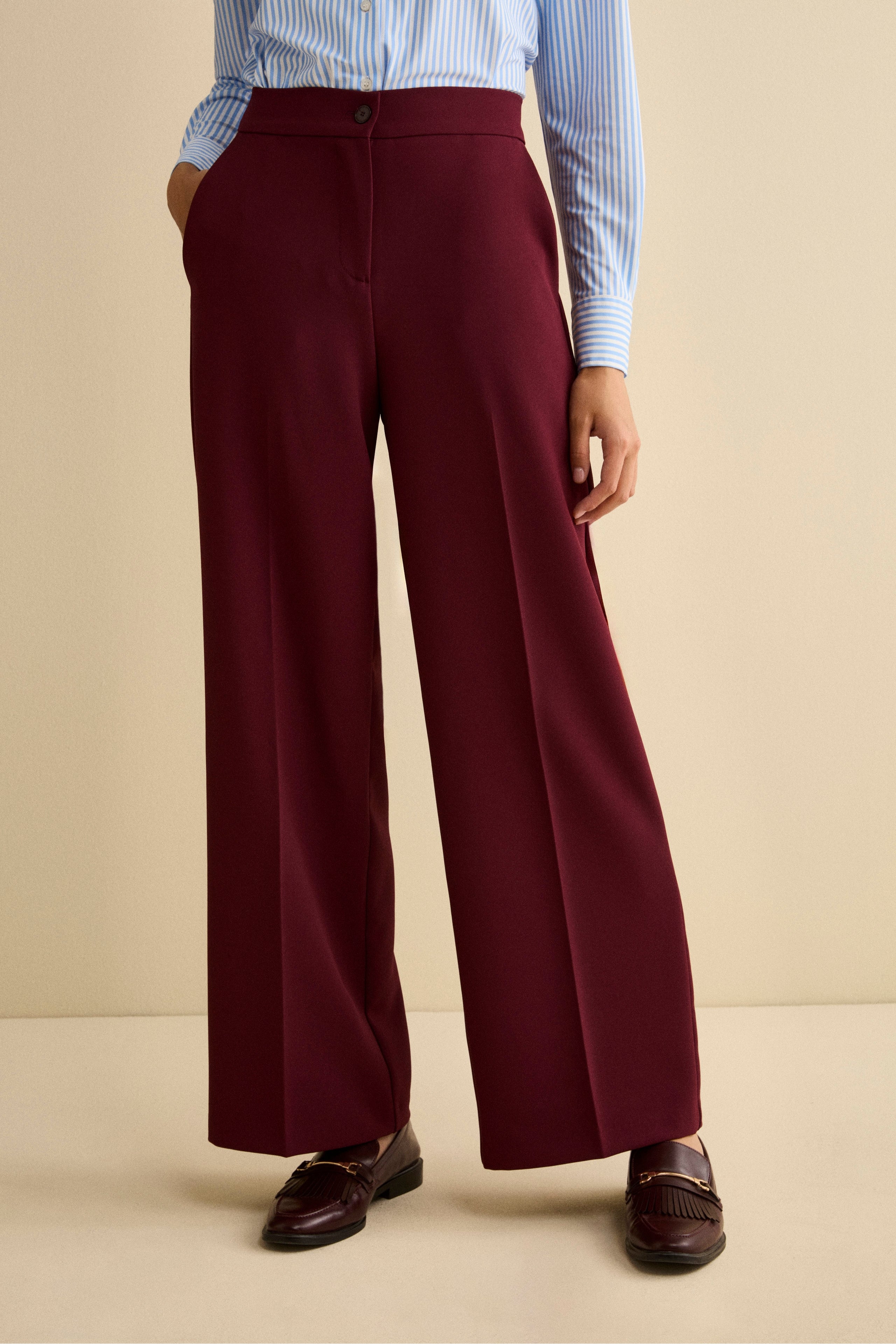 Wide-Leg Bi-Stretch Trousers - Burgundy