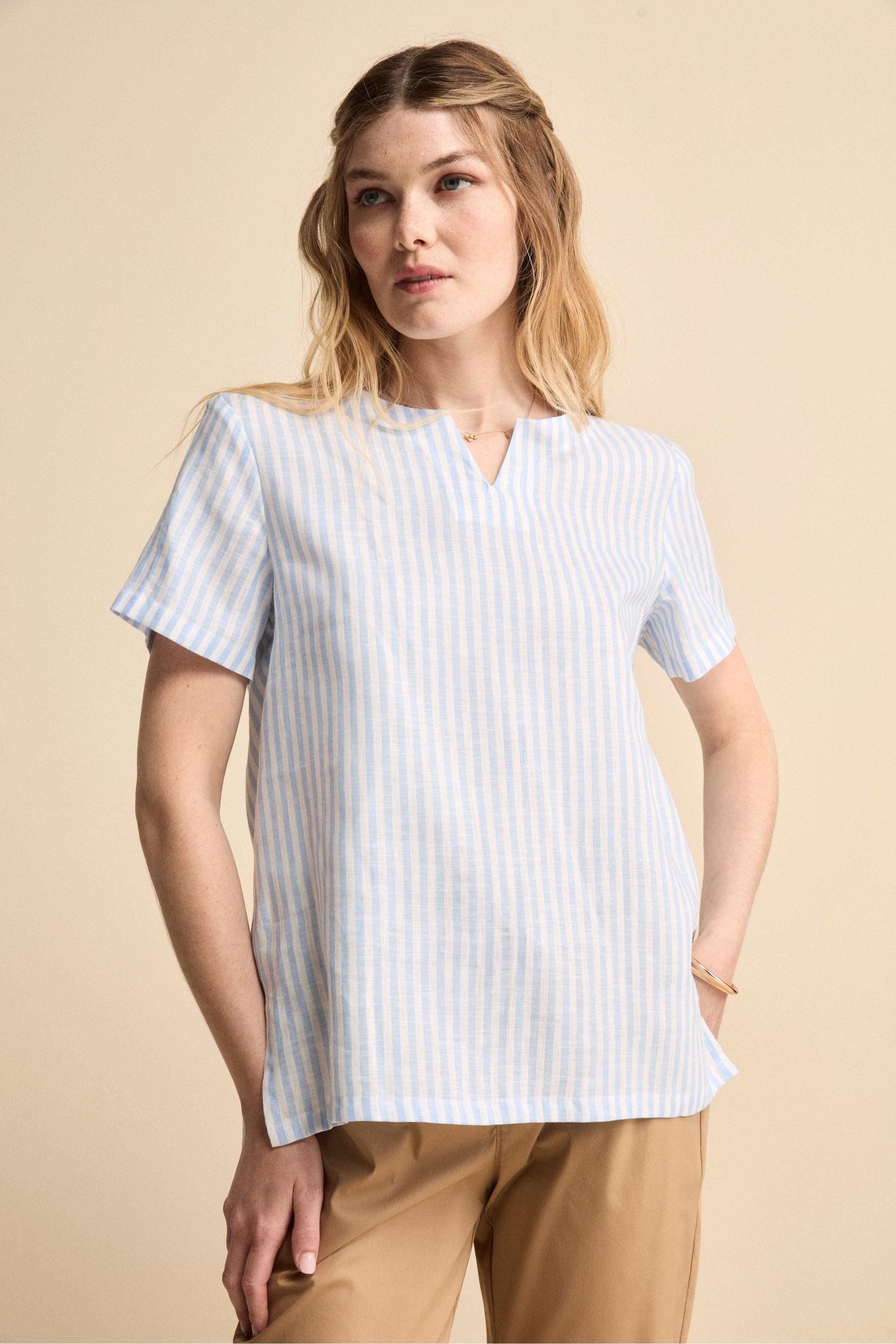 Blusa Over Girocollo in Lino - AZZURRO RIGATO