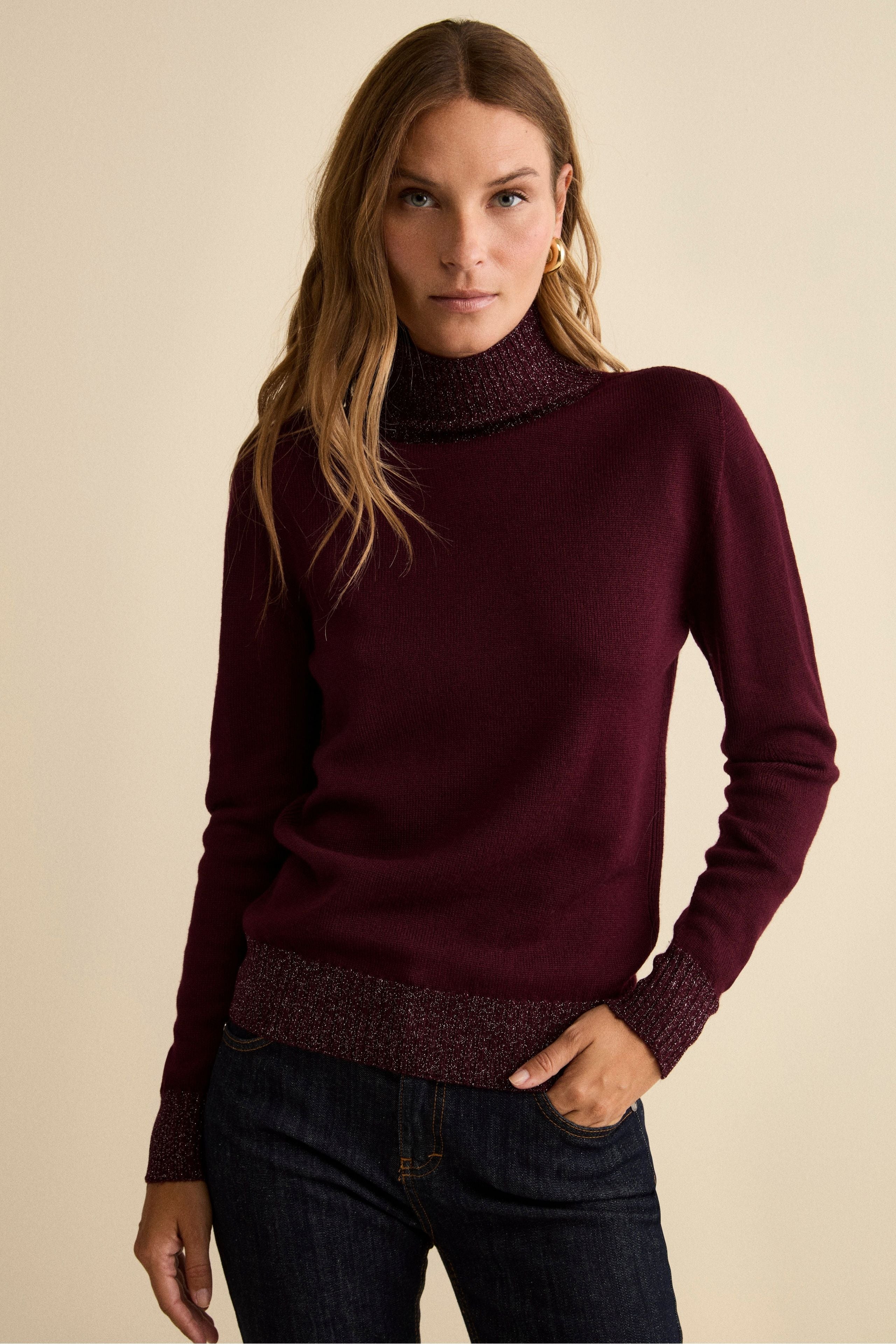 Merino Wool Mock Neck with Lurex Edges - BURGUNDY
